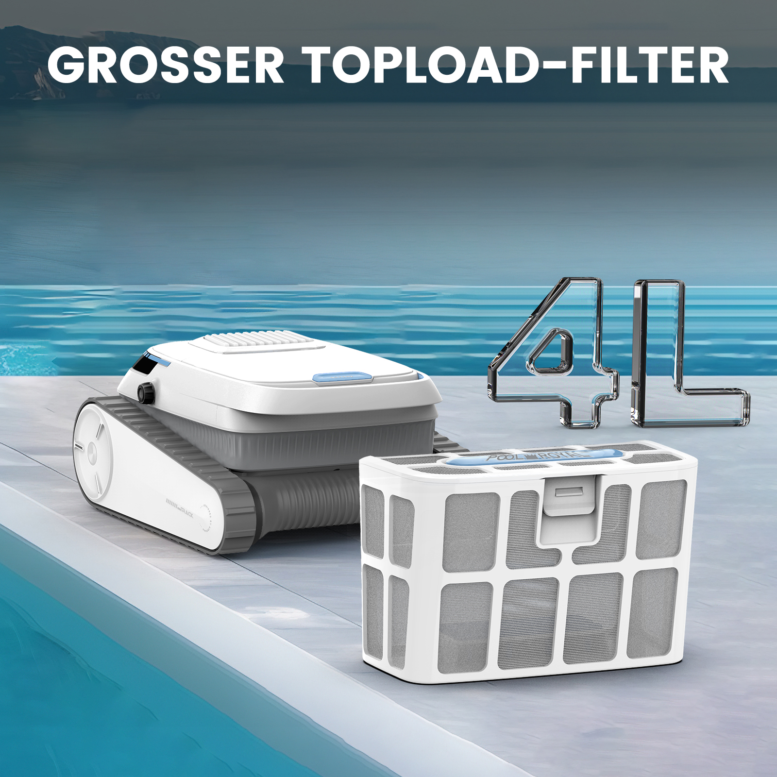Ein Poolreinigungsroboter und Filter werden angezeigt. Der Hintergrund zeigt einen Pool und Berge. Zahlen 4L sind sichtbar.