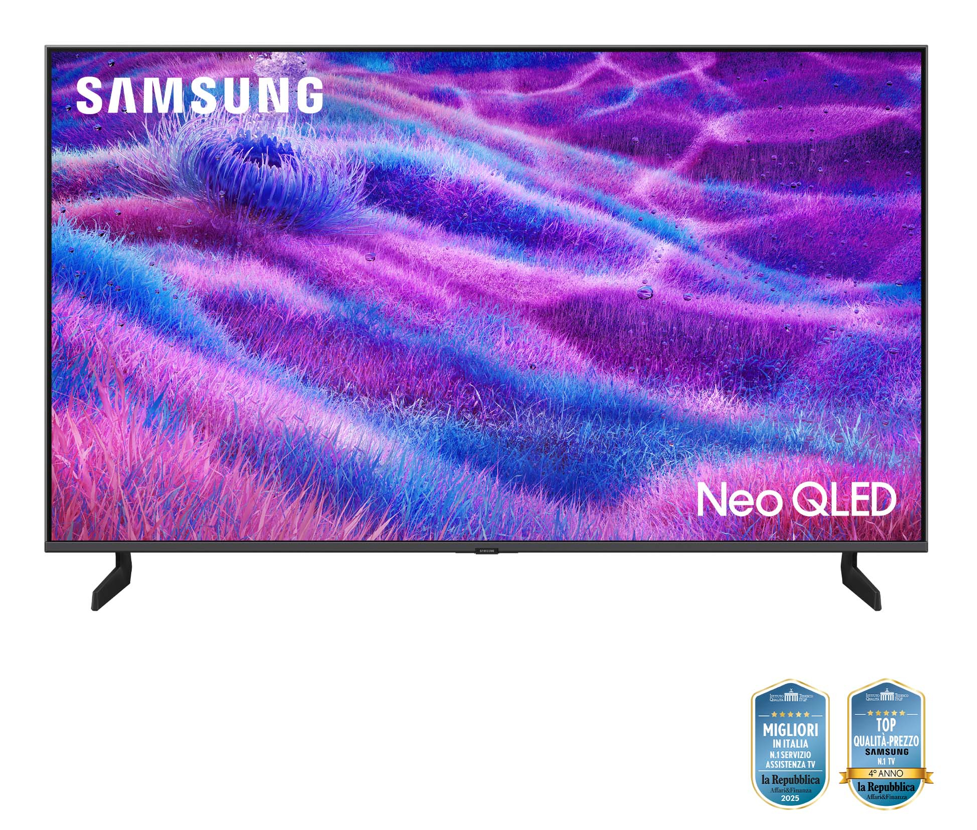 Le téléviseur Samsung Neo QLED affiche une image abstraite colorée. Des badges de récompense sont en bas.