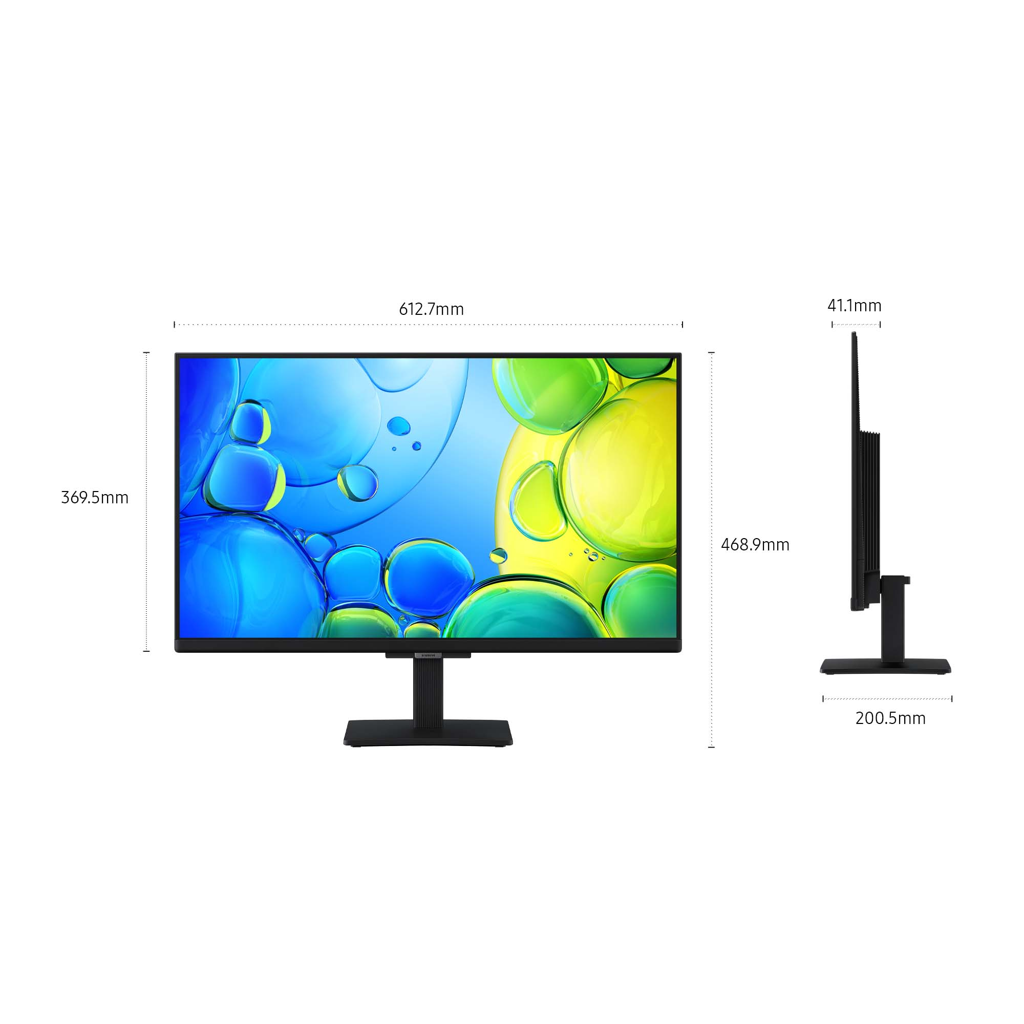 Monitor con dimensioni. Vista frontale mostra schermo con design astratto. Vista laterale mostra spessore e supporto. Misure incluse.
