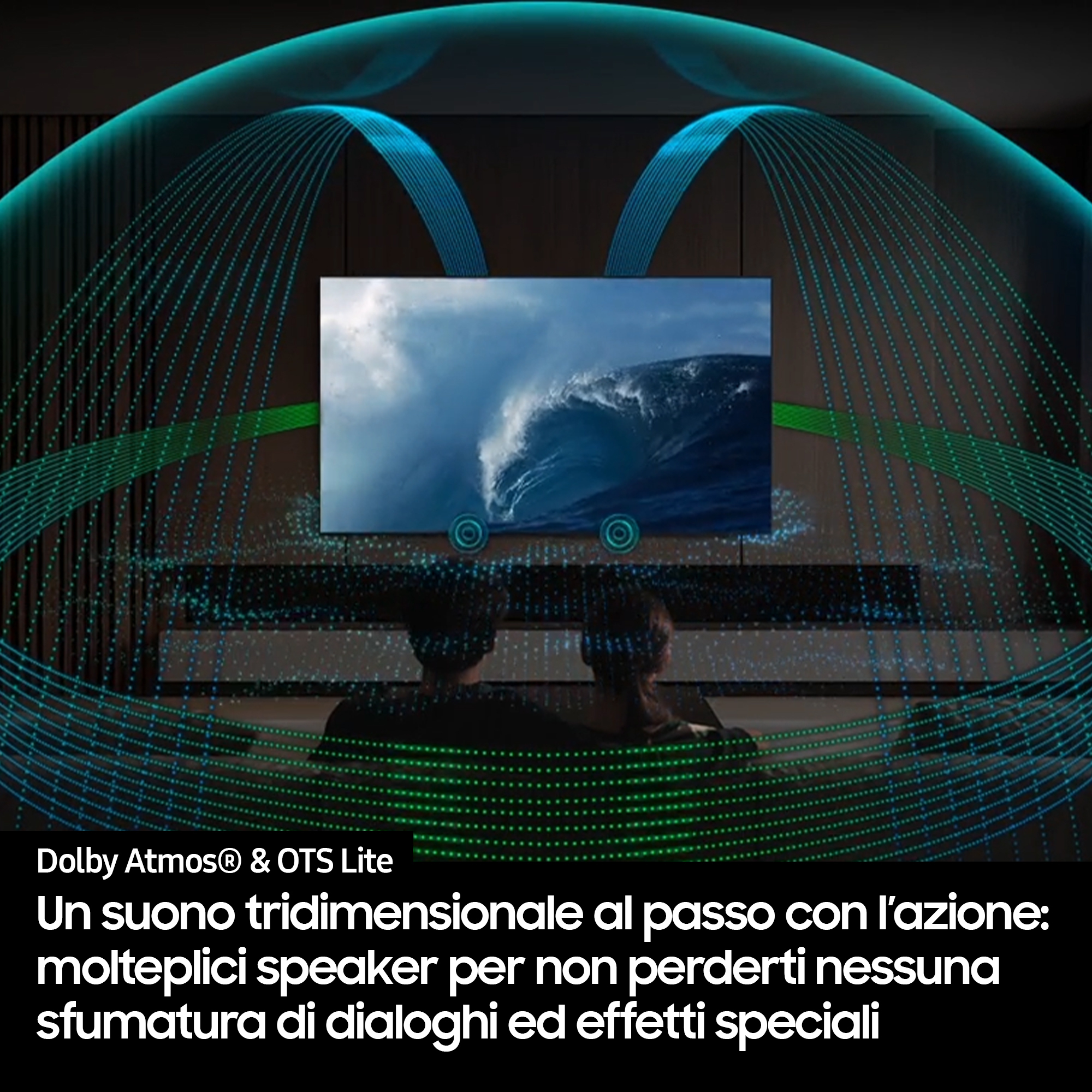L'image montre un couple regardant la télévision. Une vague sur l'écran. Des ondes sonores émanent du haut et des côtés.