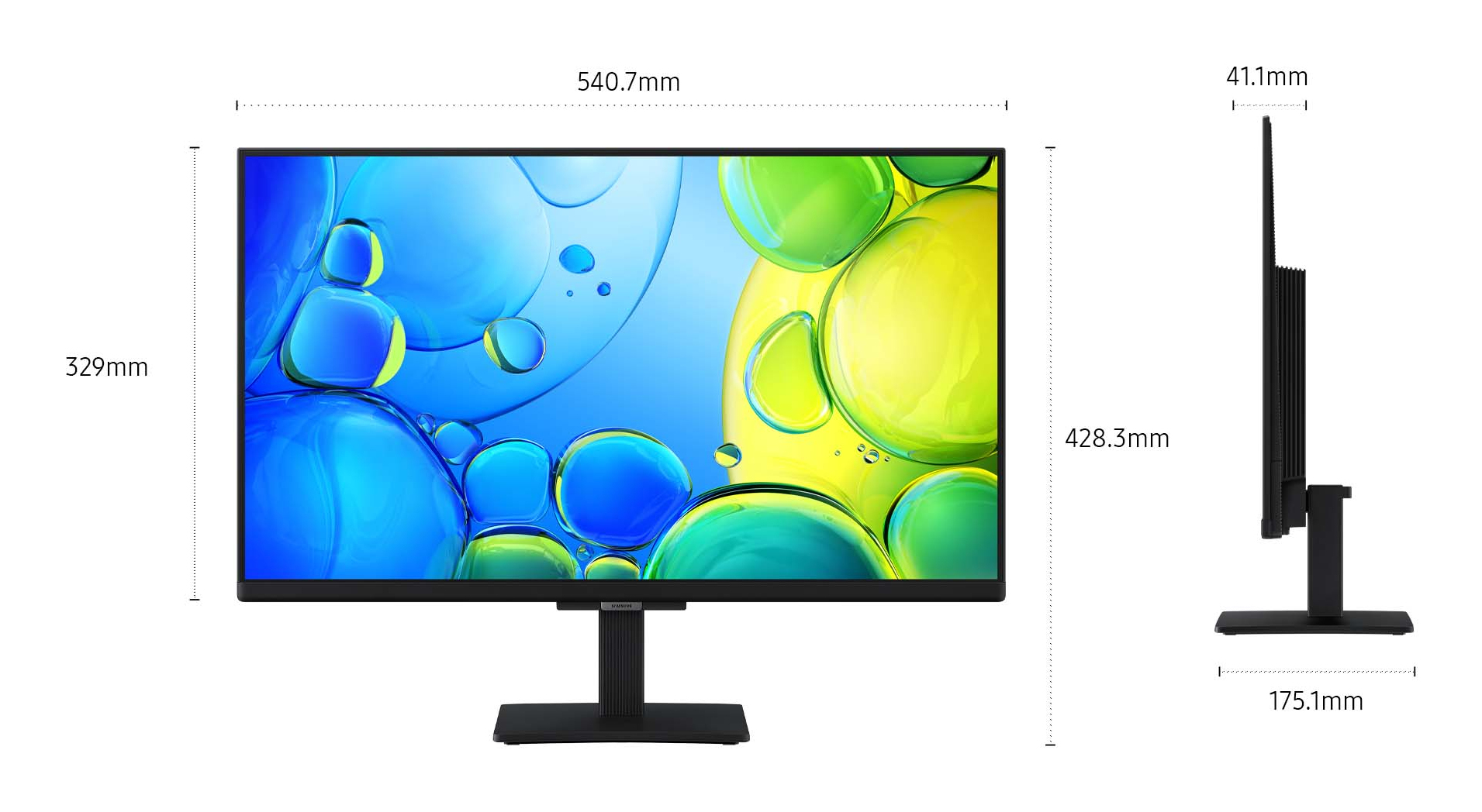 Un monitor de ordenador con dimensiones. La pantalla muestra formas abstractas azules y verdes. Tiene un soporte negro.