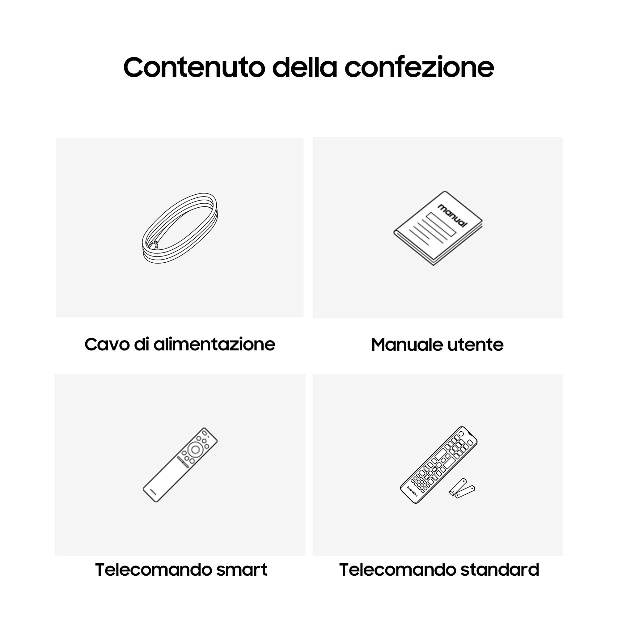 La imagen muestra el contenido de un paquete. Incluye un cable de alimentación, un manual de usuario, un mando a distancia inteligente y uno estándar.