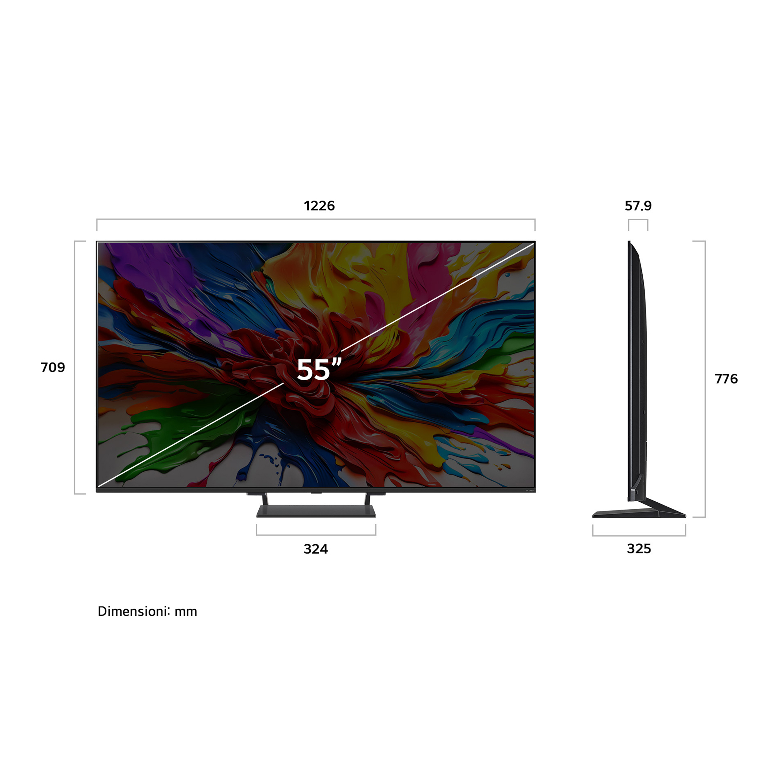 Una TV da 55 pollici con arte astratta colorata sullo schermo. Dimensioni in mm.