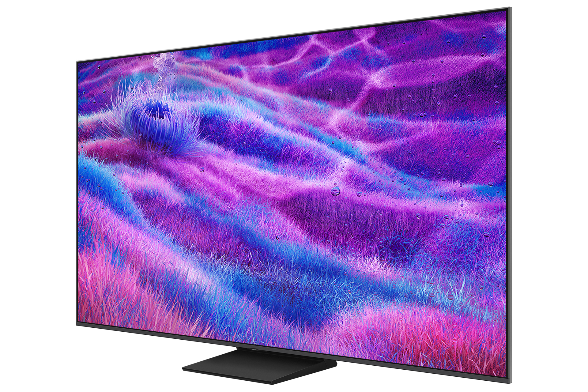 Una TV moderna mostra un'immagine astratta vibrante in viola, blu e rosa. La TV è nera e poggia su un supporto nero.