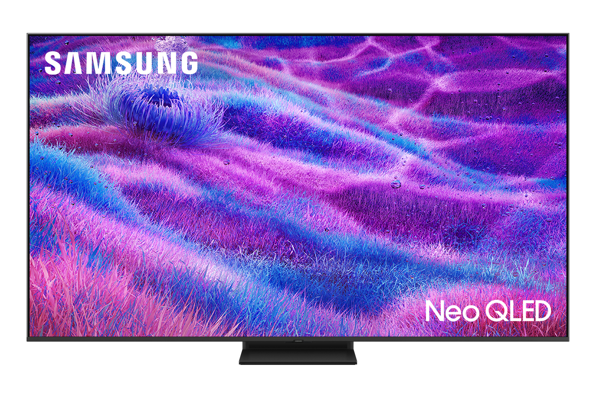TV Samsung Neo QLED. Il display mostra un design astratto colorato con i testi 'SAMSUNG' e 'Neo QLED'.