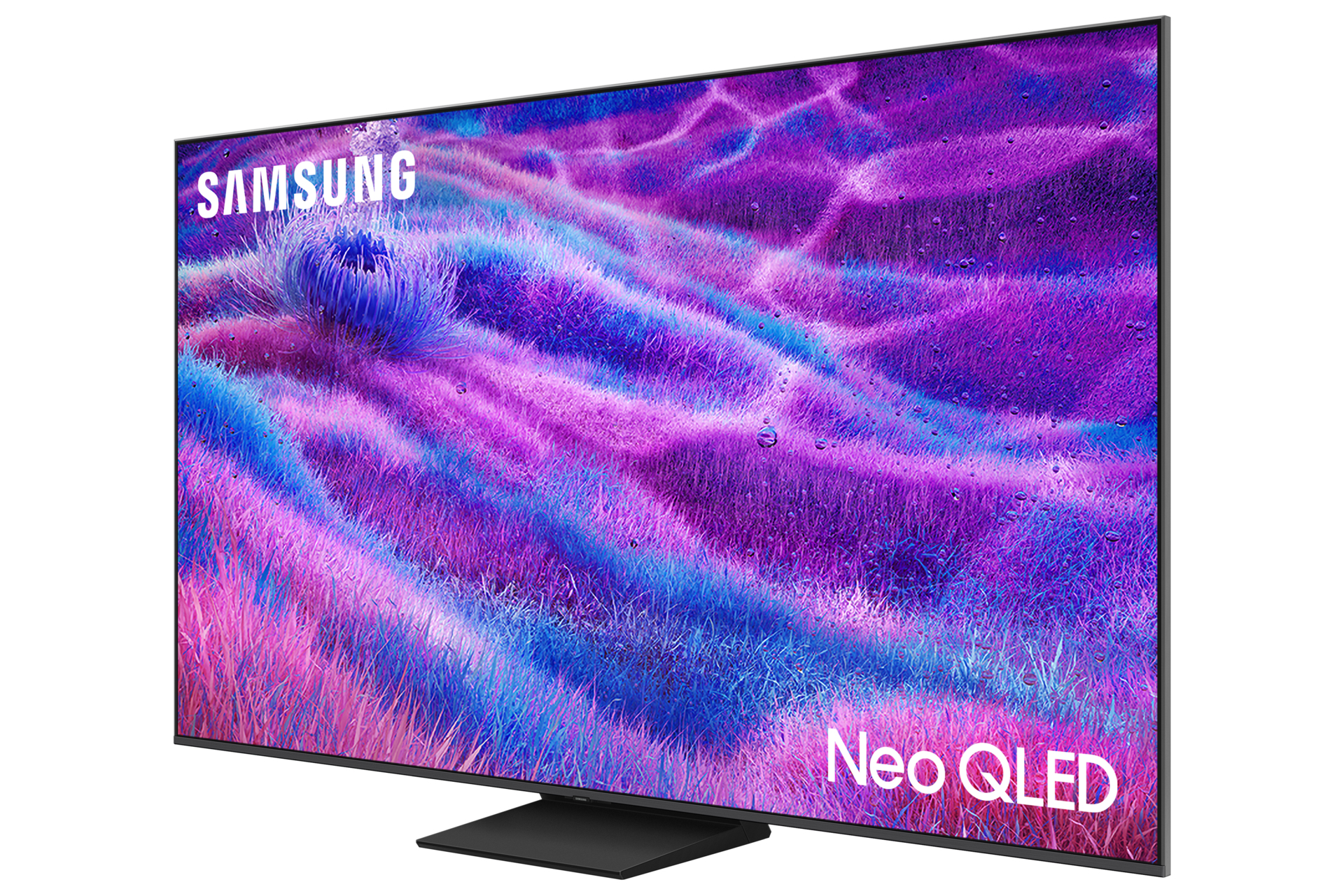 TV Samsung Neo QLED. Lo schermo mostra un motivo astratto viola, blu e rosa. La TV è su un supporto nero.