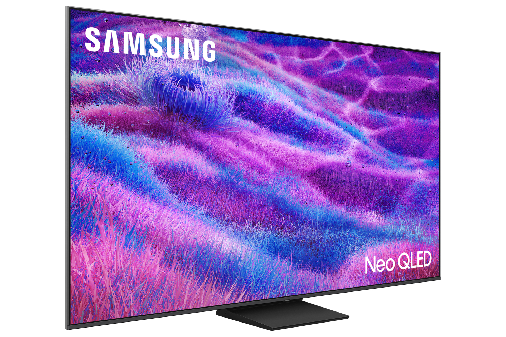 TV Samsung Neo QLED. Lo schermo mostra un motivo astratto colorato di viola, blu e rosa. La TV è su un supporto nero.