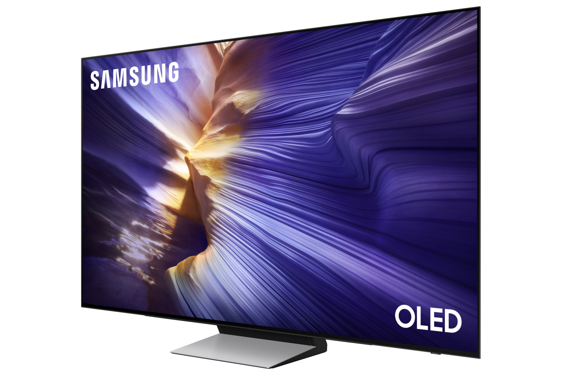 TV OLED Samsung con un design astratto viola e oro. Il TV ha un supporto argentato e una cornice nera.