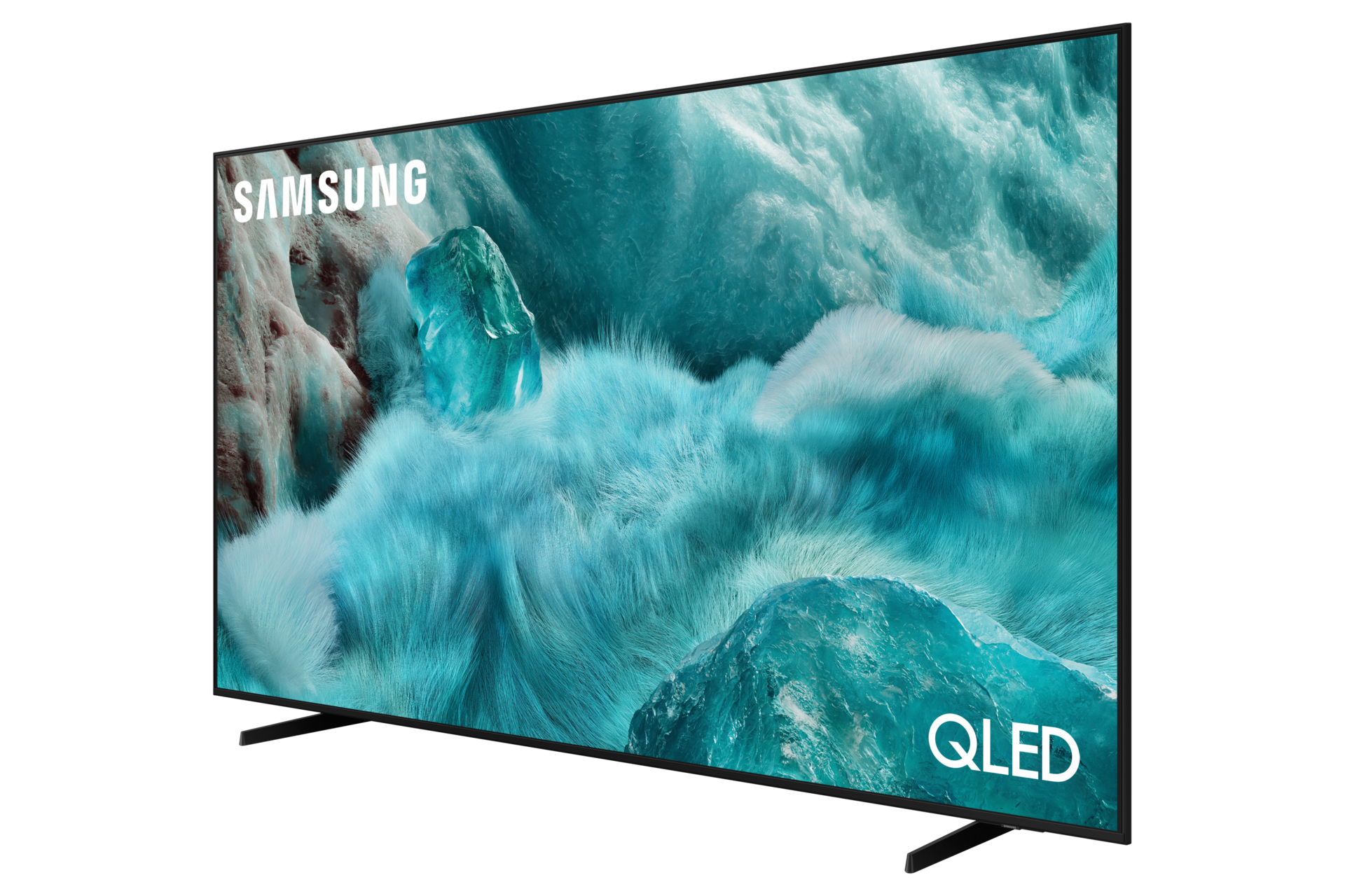 Un televisore Samsung QLED mostra uno sfondo astratto turchese. Il televisore è nero, con il logo Samsung e il testo QLED visibili.