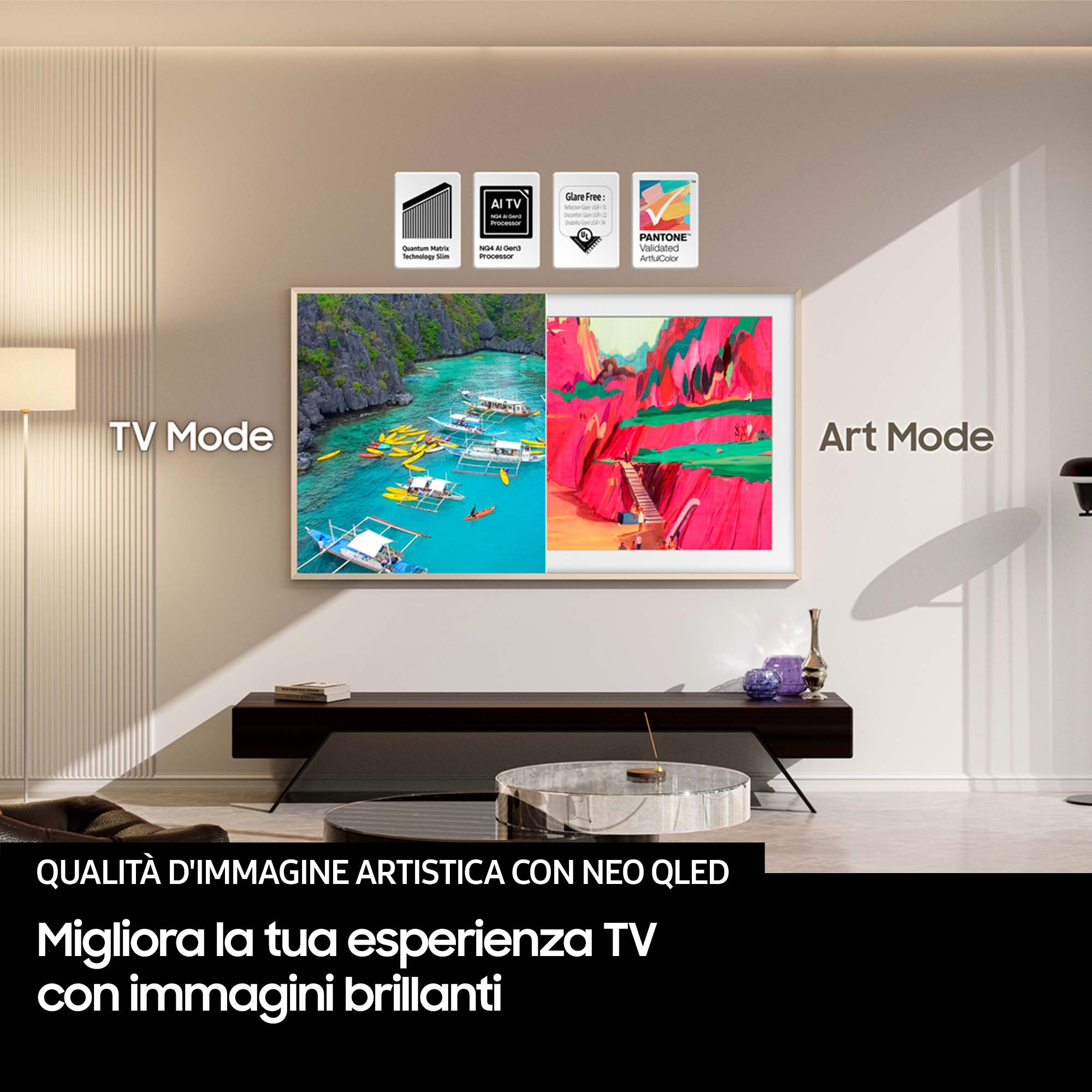 Un televisore mostra due immagini: una laguna blu con barche e un dipinto astratto rosso. Il testo indica 'TV Mode' e 'Art Mode'.