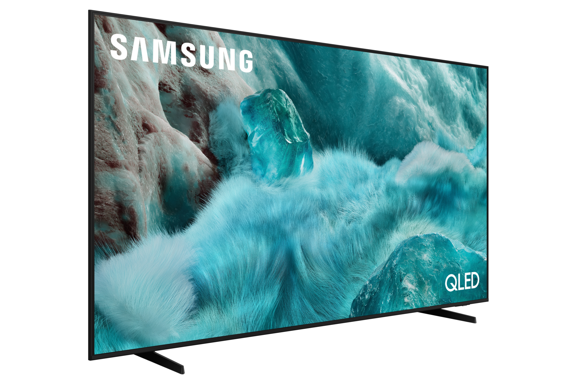 TV Samsung QLED con paesaggio ghiacciato turchese. La TV ha cornice e supporto neri.