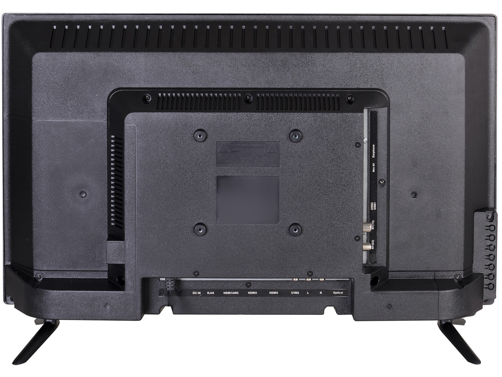 Retro di una TV a schermo piatto nero con varie porte. Include connessioni di alimentazione, HDMI, USB e audio. Le gambe sono attaccate.