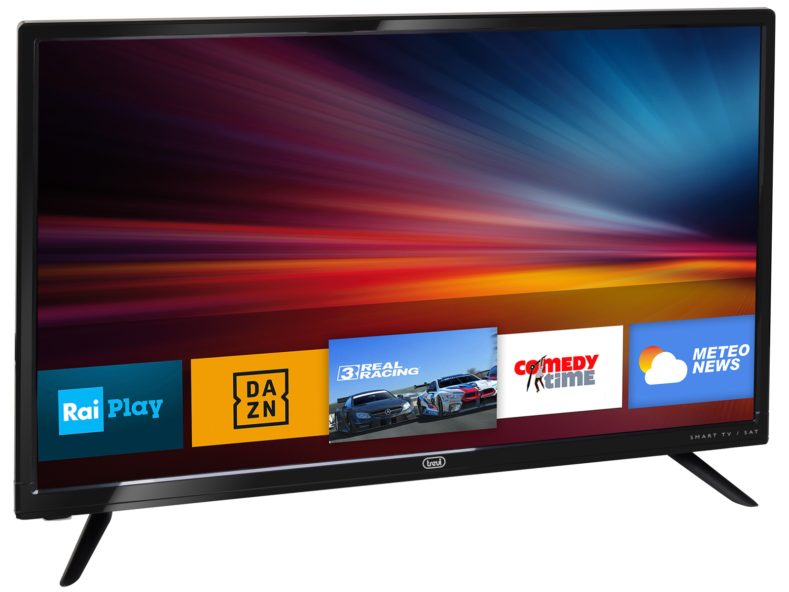 Un televisore nero mostra app di streaming: Rai Play, DAZN, Real Racing, Comedy Time e Meteo News. Lo schermo mostra linee colorate.