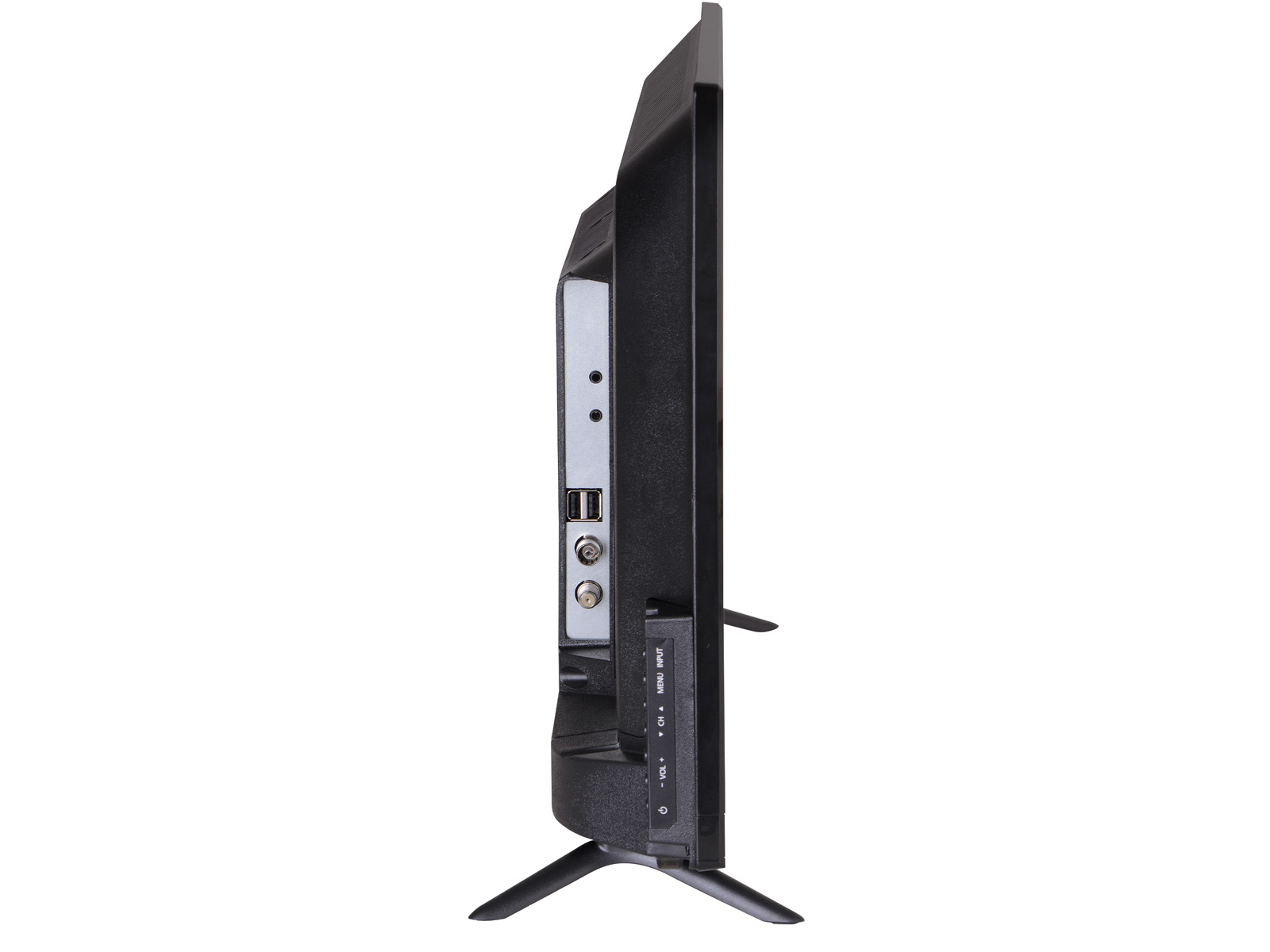 Una TV nera, vista di lato, su sfondo bianco. Ha un supporto e delle porte. La TV è spenta.