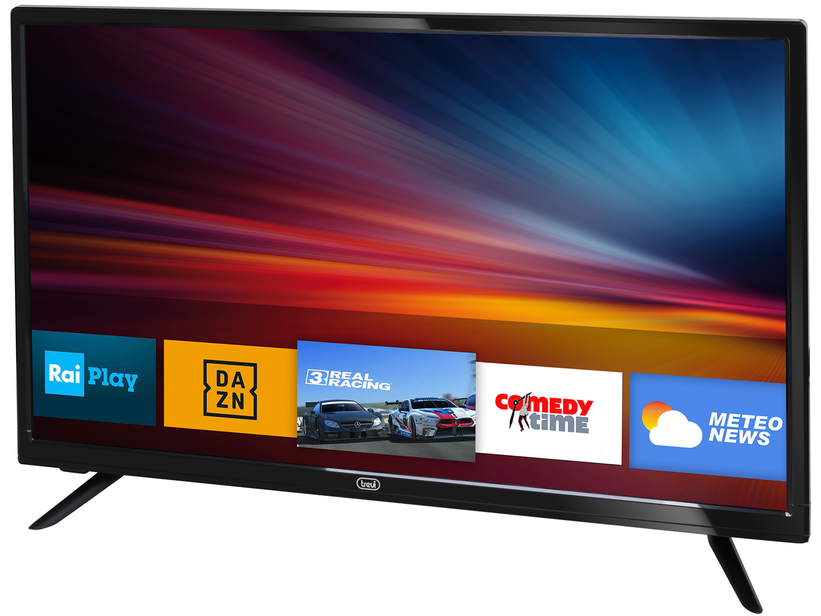 Un televisore nero mostra arte astratta colorata. Vengono visualizzate le icone delle app per Rai Play, DAZN, 3Real Racing, Comedy Time e Meteo News.
