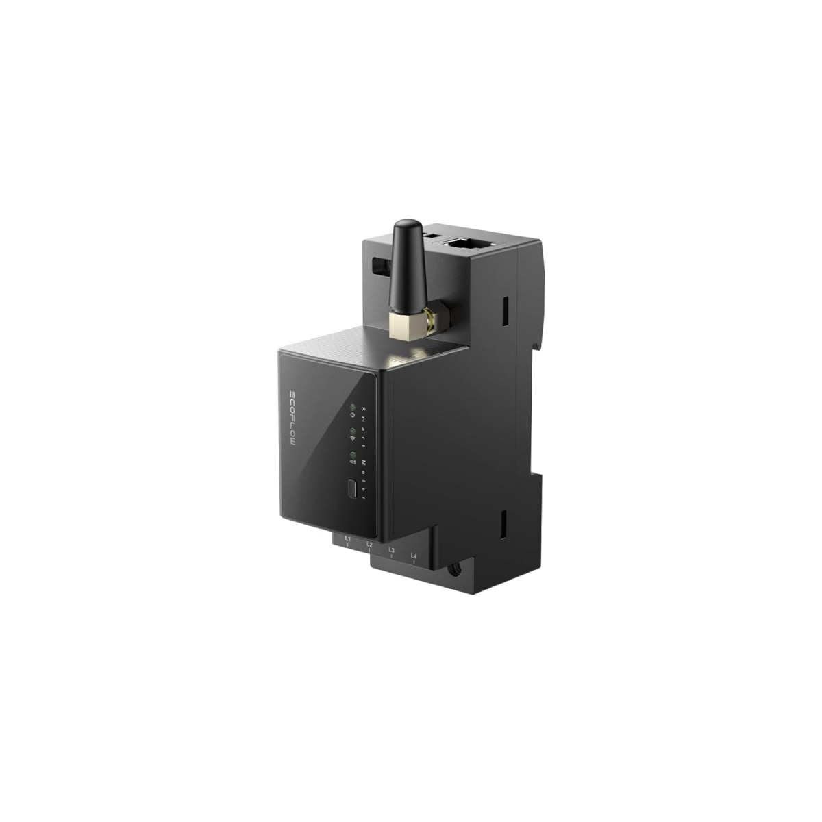 Ein schwarzes Smart-Meter-Gerät mit Antenne. Es hat einen Bildschirm und mehrere Anschlüsse. Das Gerät ist vor weißem Hintergrund isoliert.