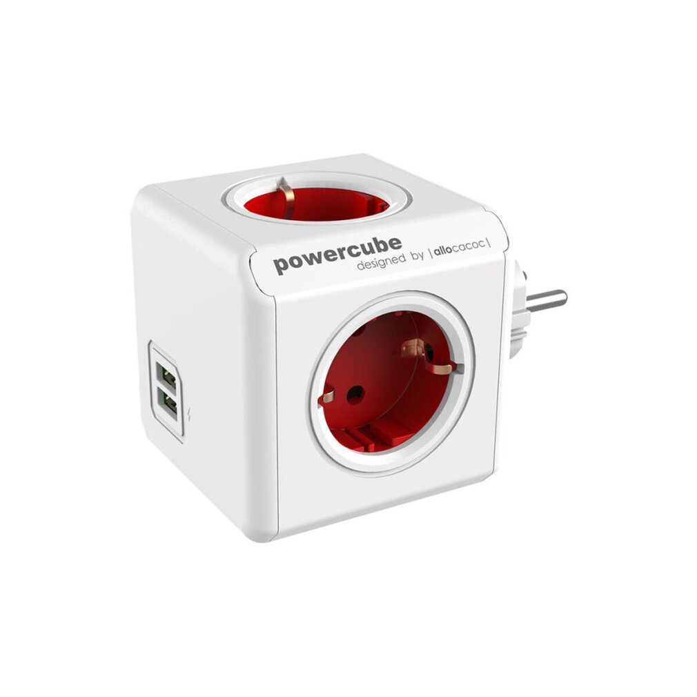 PowerCube bianco con prese rosse. Ha due porte USB e una spina. Sul cubo c'è la scritta 'powercube'.