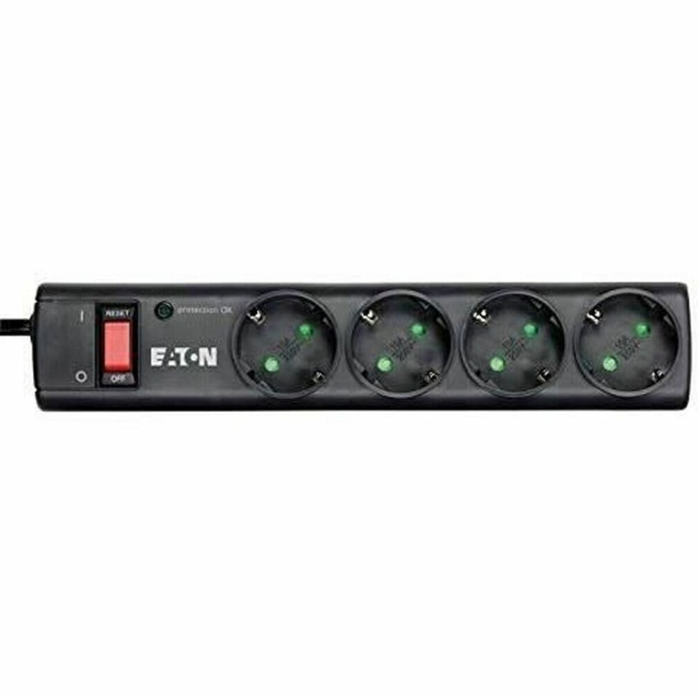 Ein schwarzer Netzstecker mit 4 Steckdosen, einem roten Netzschalter und einem Eaton-Logo. Die Steckdosen haben grüne und schwarze Details.