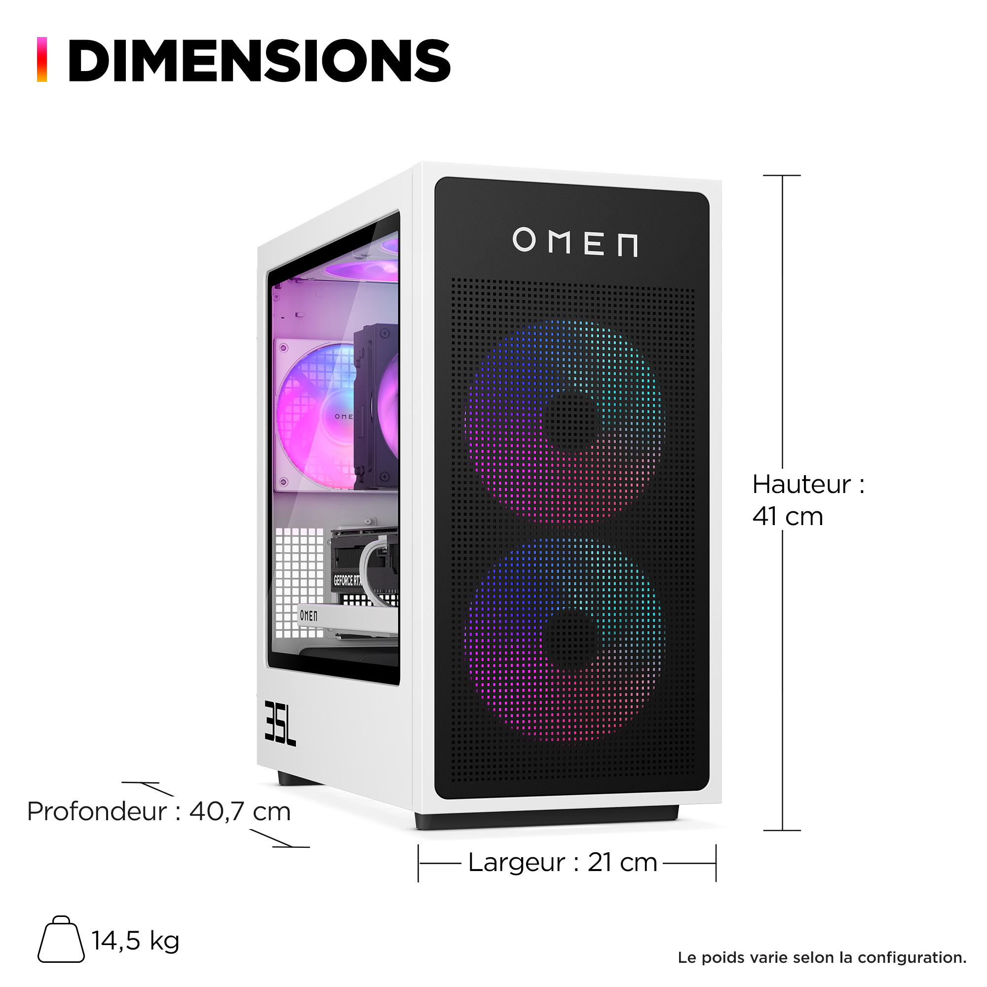 A white OMEN gaming PC case with dimensions and weight details. It has a black front panel with colorful lights.