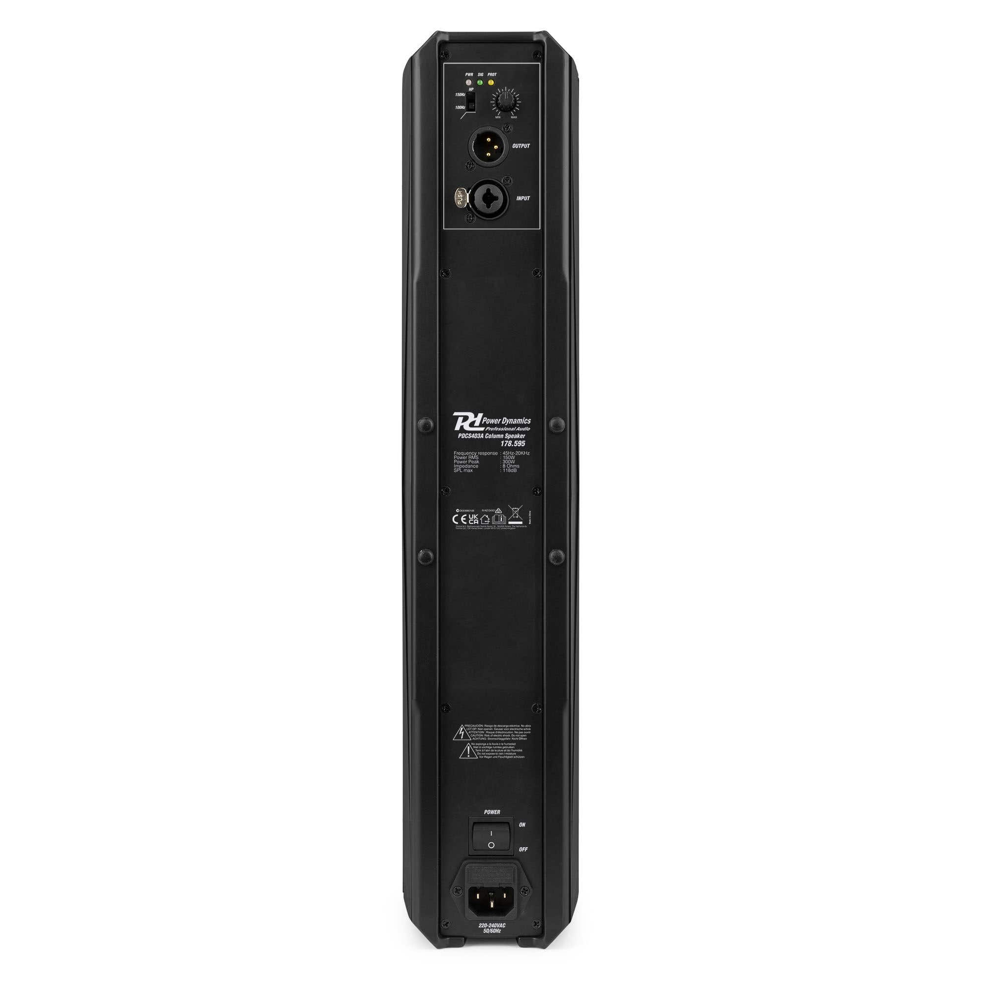 Altavoz de columna negro. Arriba: controles, entrada/salida. Centro: logo de marca, especificaciones. Abajo: interruptor de encendido, enchufe.