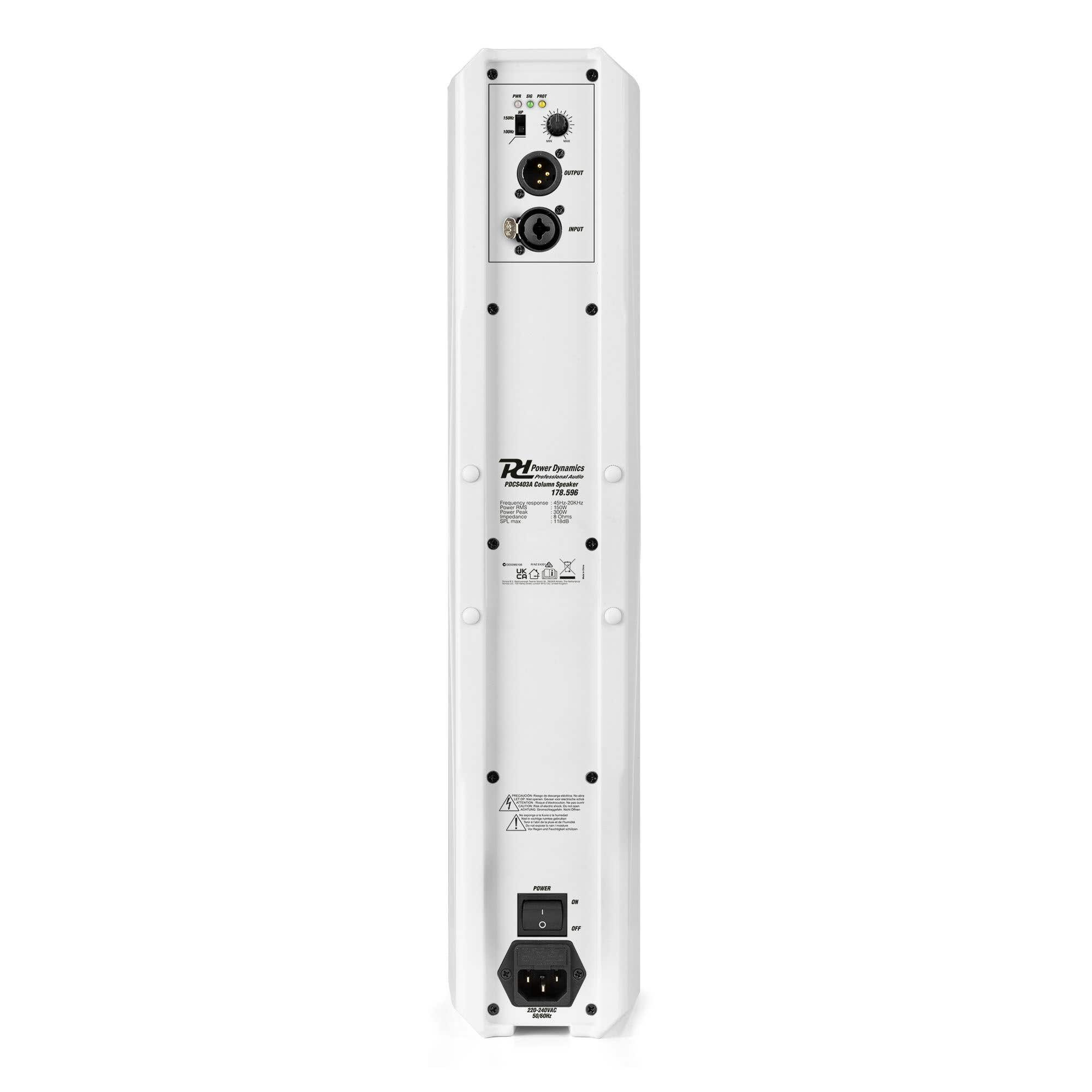 Altavoz de columna blanco con puertos de salida y entrada. Tiene interruptor de encendido/apagado y especificaciones técnicas.