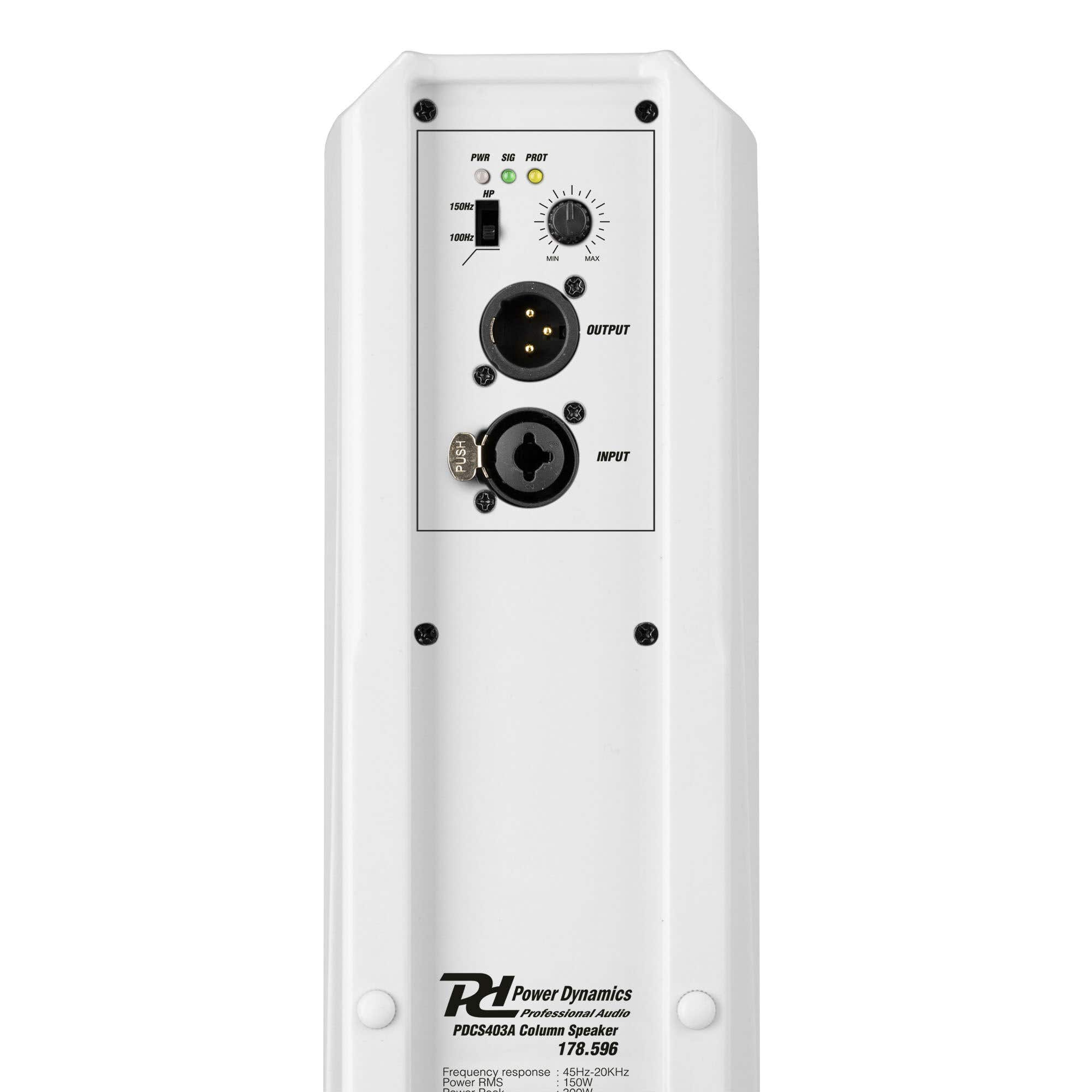 Altavoz de columna blanco con panel de control. Tiene luces de encendido, puertos de entrada/salida y un mando de control de frecuencia.