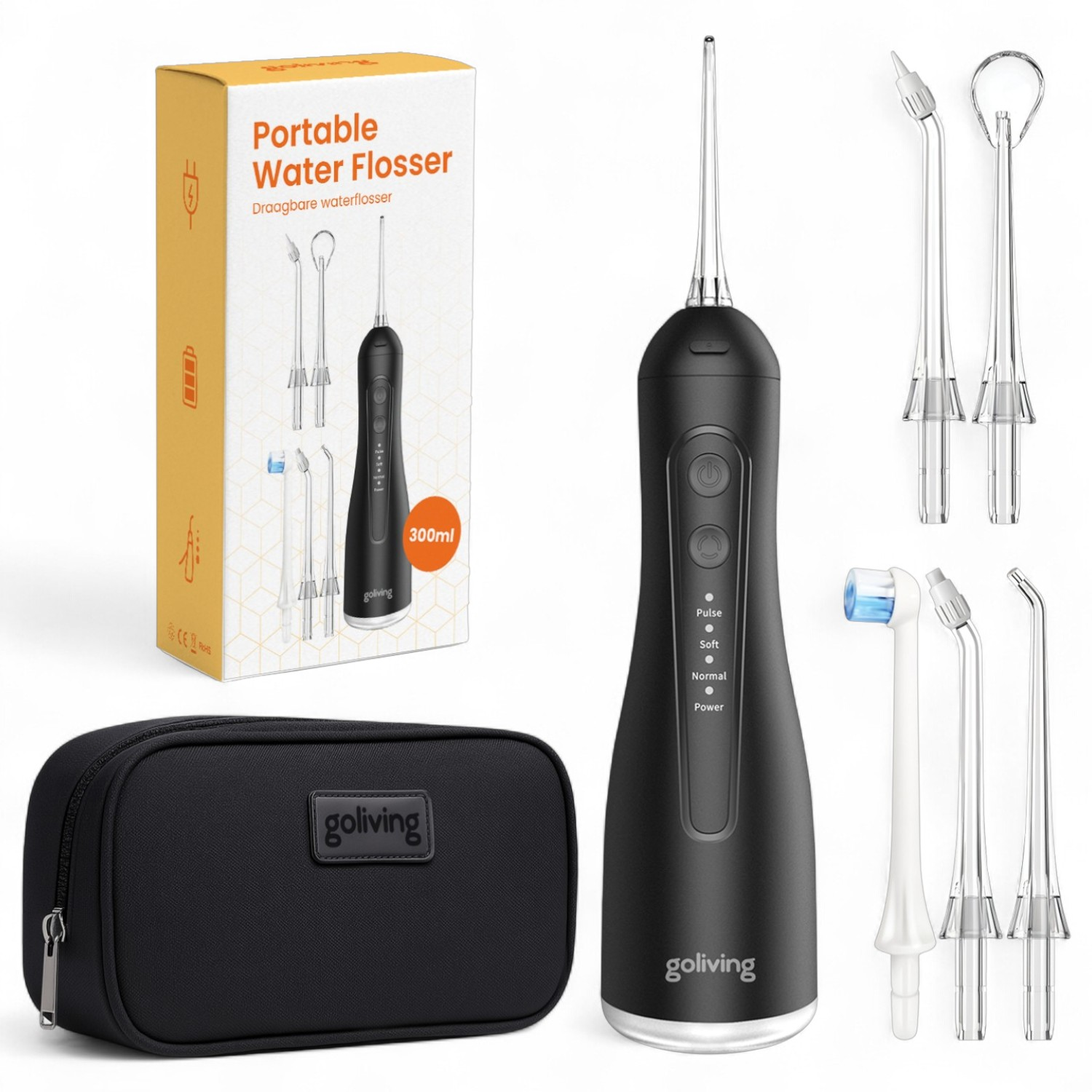Ein schwarzer tragbarer Wasserflosser mit Zubehör, einer Tragetasche und Verpackung. Der Flosser hat Knöpfe und einen Wassertank.