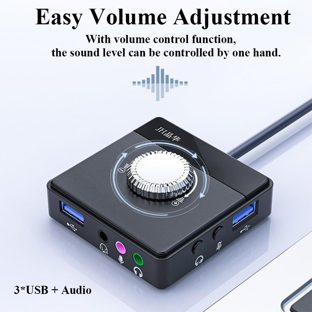 Schwarzes Lautstärkeregelgerät mit silbernem Knopf, USB-Anschlüssen und Audiobuchsen. Text: Einfache Lautstärkeregelung. 3*USB + Audio.