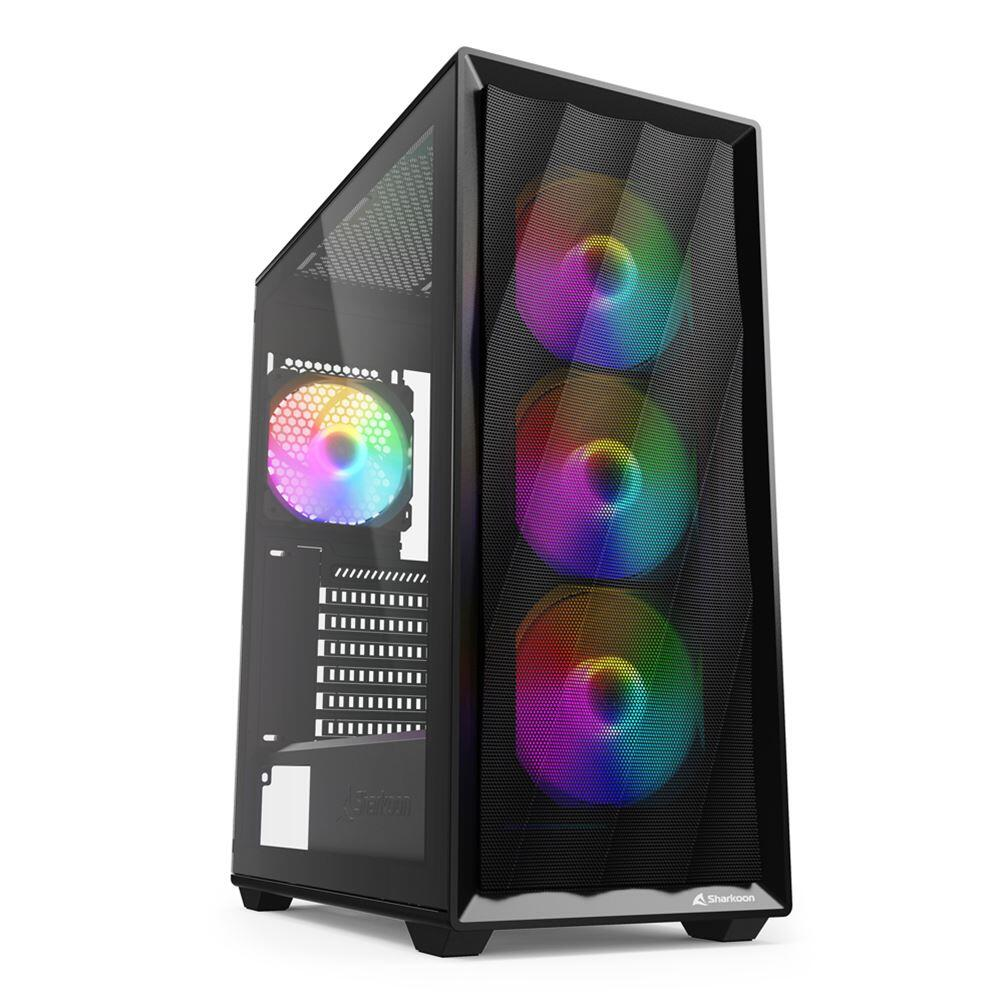 Case per computer nero con pannello laterale in vetro. La parte anteriore ha tre ventole RGB e una all'interno. Logo Sharkoon visibile.