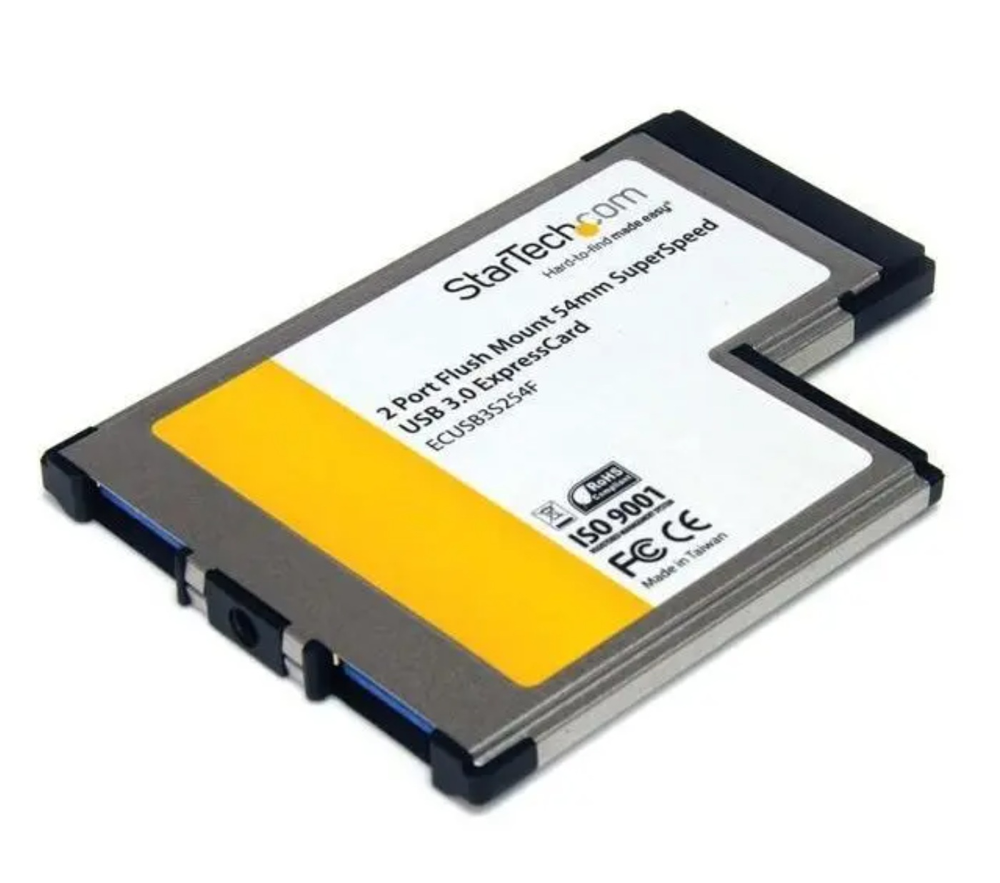 Una scheda ExpressCard USB 3.0 StarTech. Ha un'etichetta bianca con testo e un rettangolo giallo. La scheda è argentata e nera.