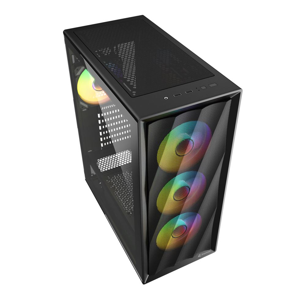 Case per computer nero con frontale e parte superiore in rete. Tre ventole RGB visibili e un'unità CD interna. L'involucro è angolato.