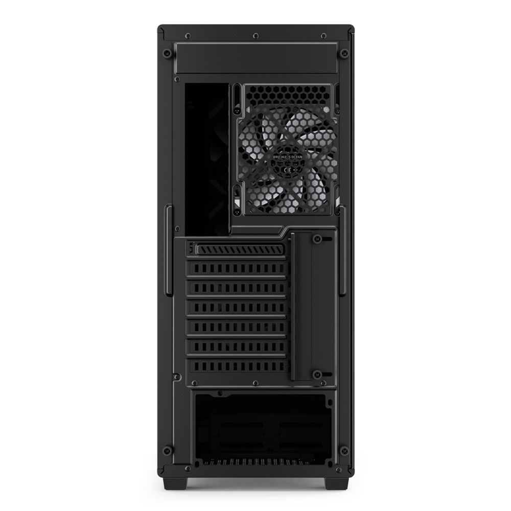 Retro del case del computer nero. Presenta ventola, prese d'aria e varie porte. Forma rettangolare verticale.