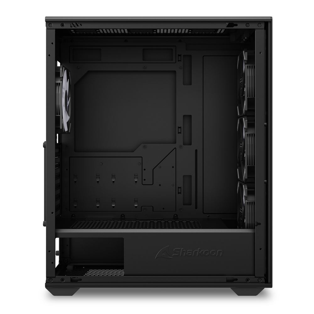 Un case per computer nero con interno aperto. Visibili sono ventola, punti di montaggio e il logo Sharkoon.