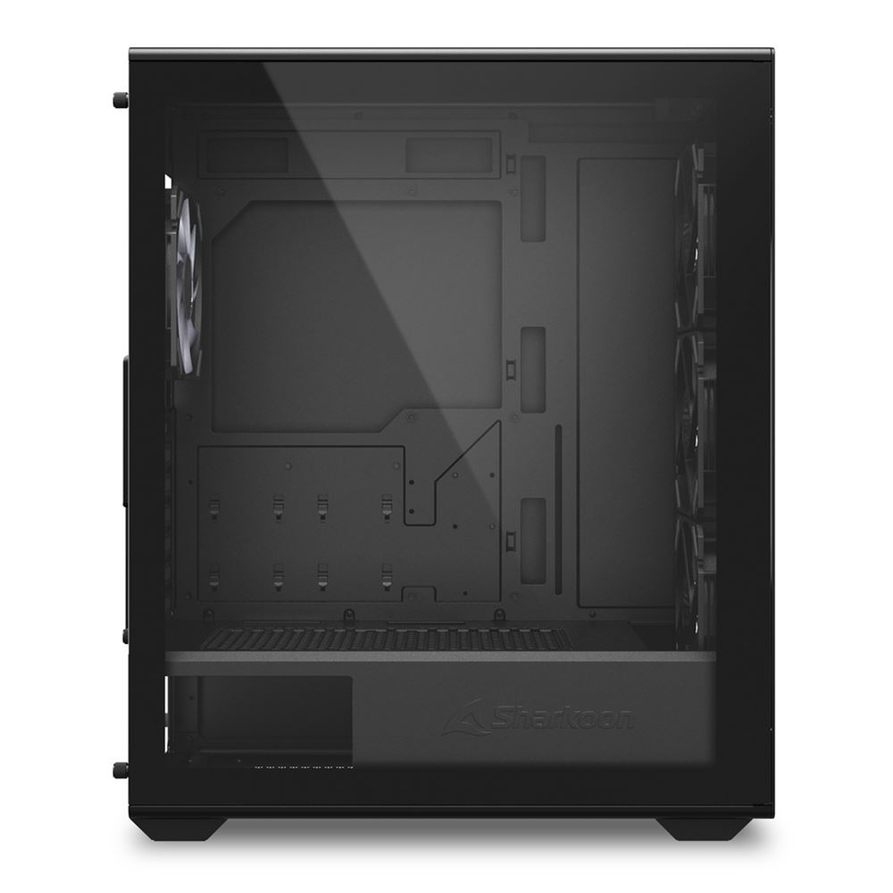 Case per computer nero con pannello laterale in vetro, che rivela i componenti interni. Include una ventola e il logo 'Sharkoon'.