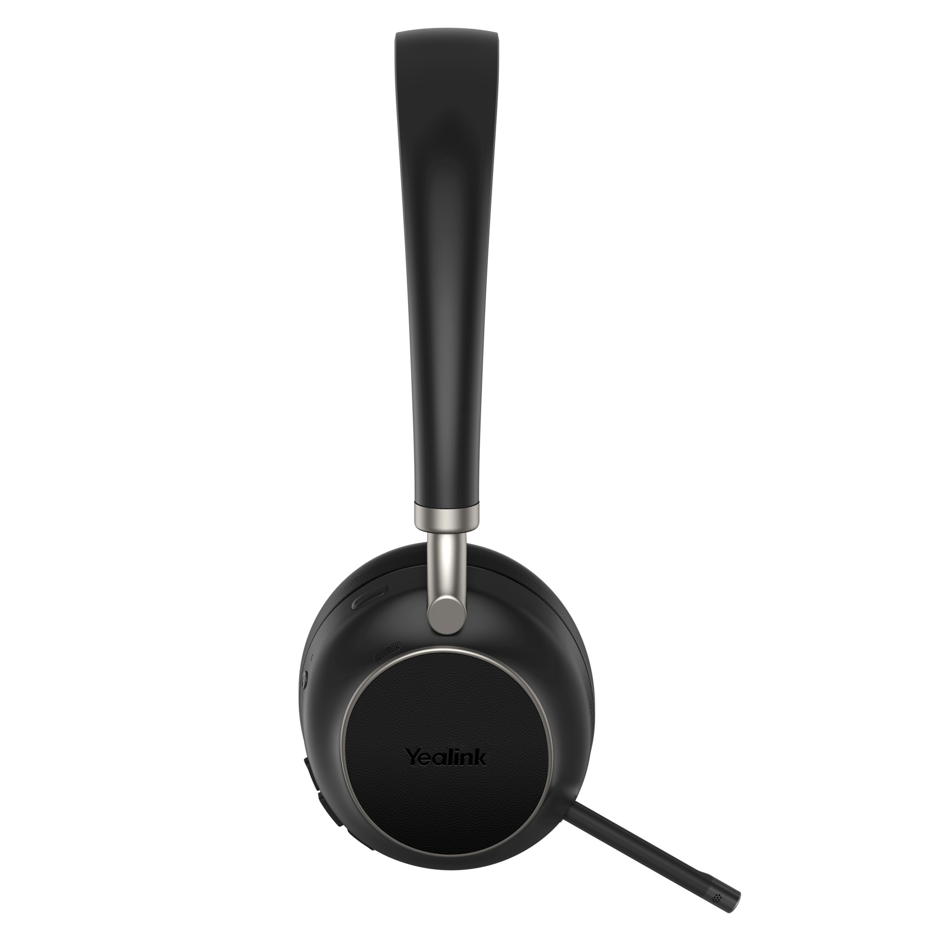 Ein schwarzes Yealink-Headset mit Mikrofon. Das Headset liegt vor weißem Hintergrund.