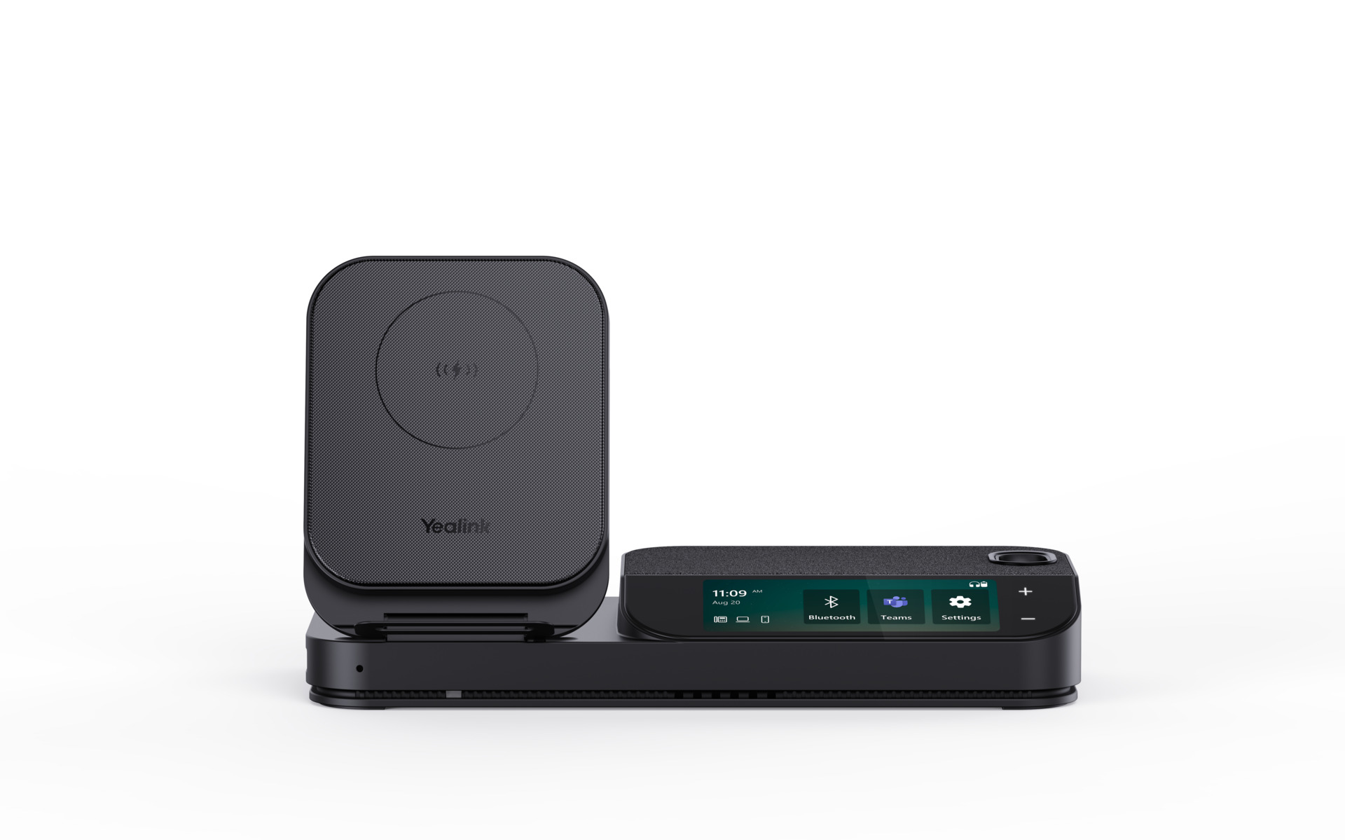 Un dispositivo Yealink nero con caricatore wireless, display e pulsanti. Lo schermo mostra ora, data e icone per Bluetooth, Teams e impostazioni.