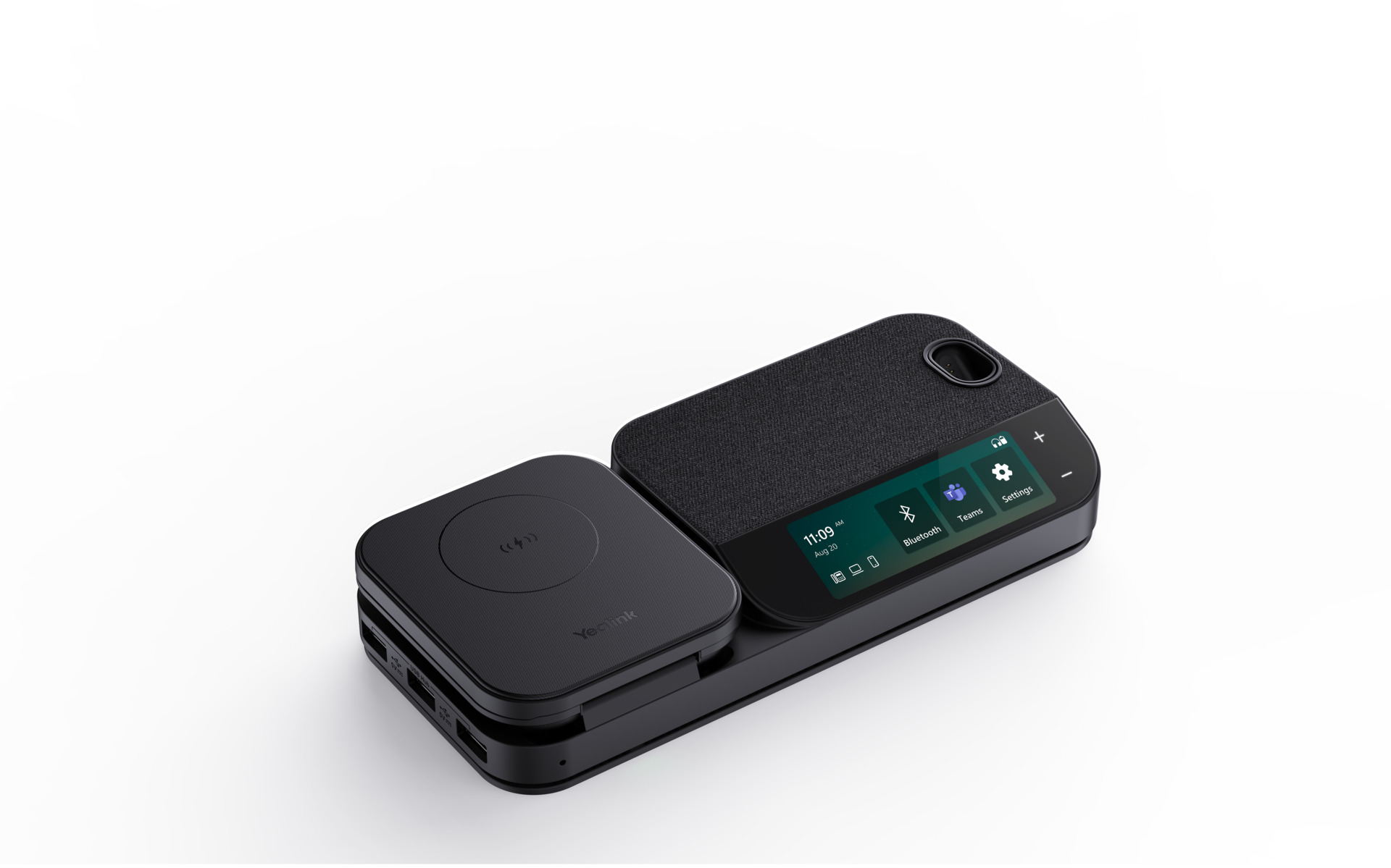 Un dispositivo Yealink nero con uno schermo che mostra l'ora e opzioni come Bluetooth e Teams, e un caricatore wireless.