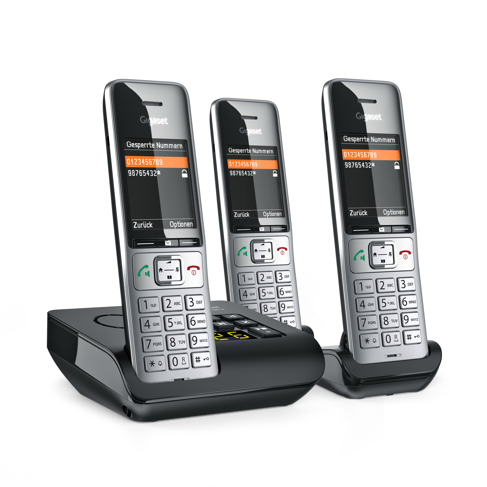 Tre telefoni cordless su un caricatore. Ogni telefono mostra 'Gesperrte Nummern' e un numero di telefono.
