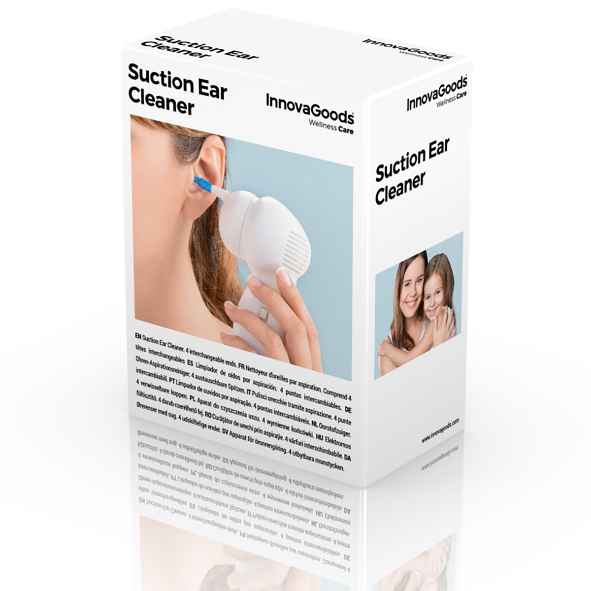 Schachtel mit 'Suction Ear Cleaner'. Eine Frau benutzt es an einem Ohr. Enthält Bilder von Mutter und Kind.