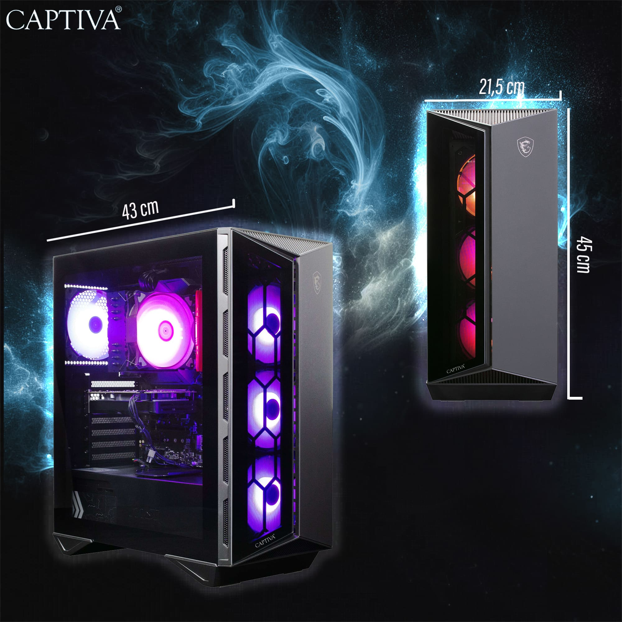 Un case per computer con ventole luminose. Dimensioni: 43 cm e 21,5 cm. Il logo è Captiva. Sfondo scuro con fumo blu.
