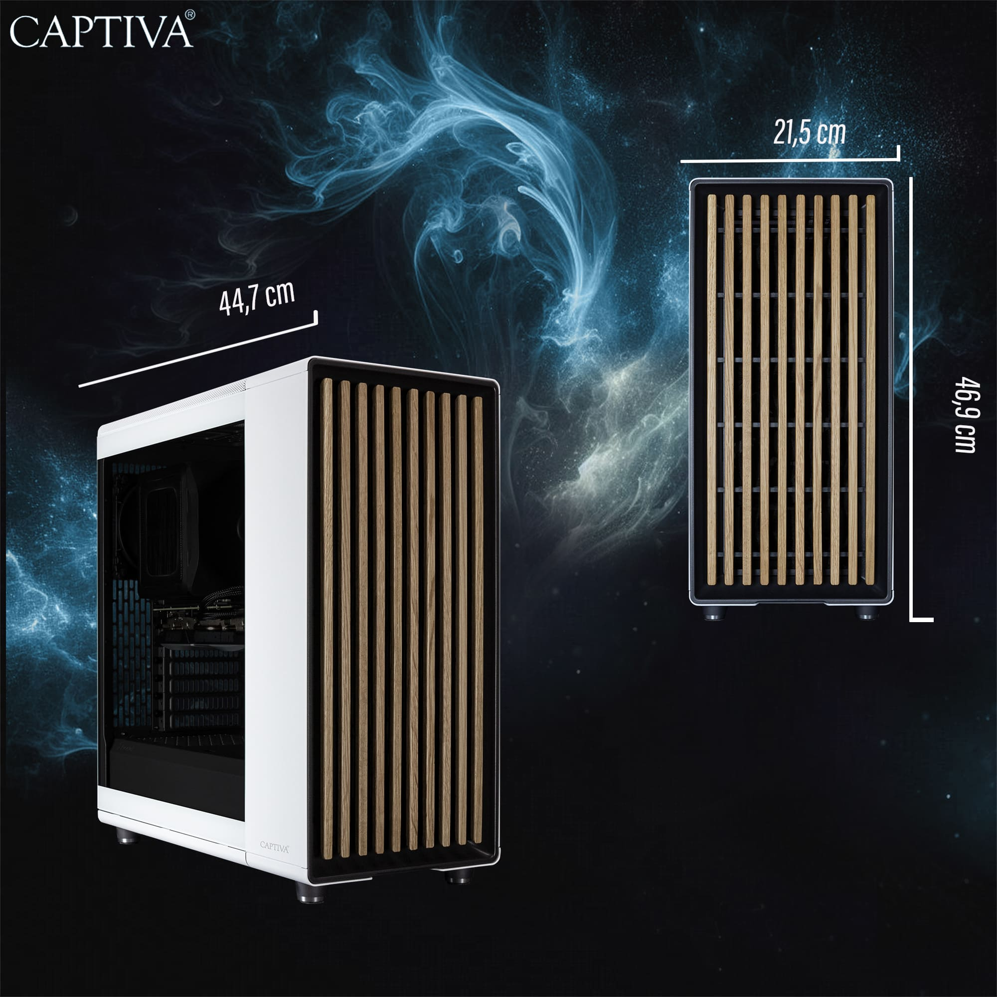 Una carcasa de ordenador blanca con listones de madera, junto a un panel similar y separado, y dimensiones sobre un fondo oscuro.