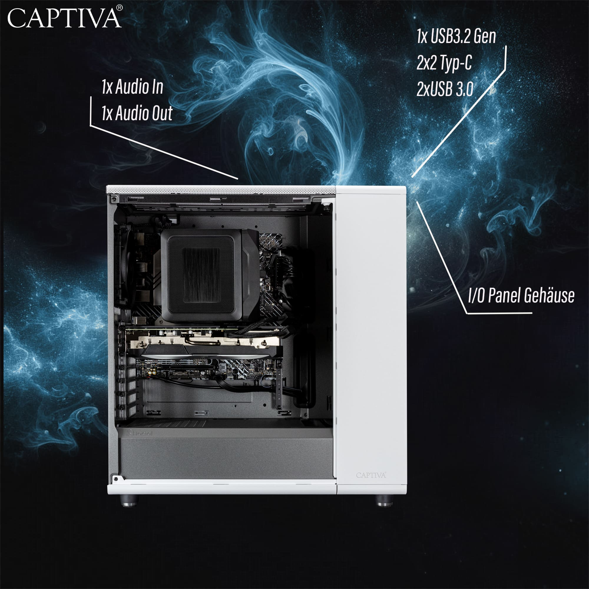 Una caja de computadora blanca abierta revela componentes internos. Las etiquetas resaltan entradas/salidas de audio y puertos USB. Fondo con efecto humo azul.