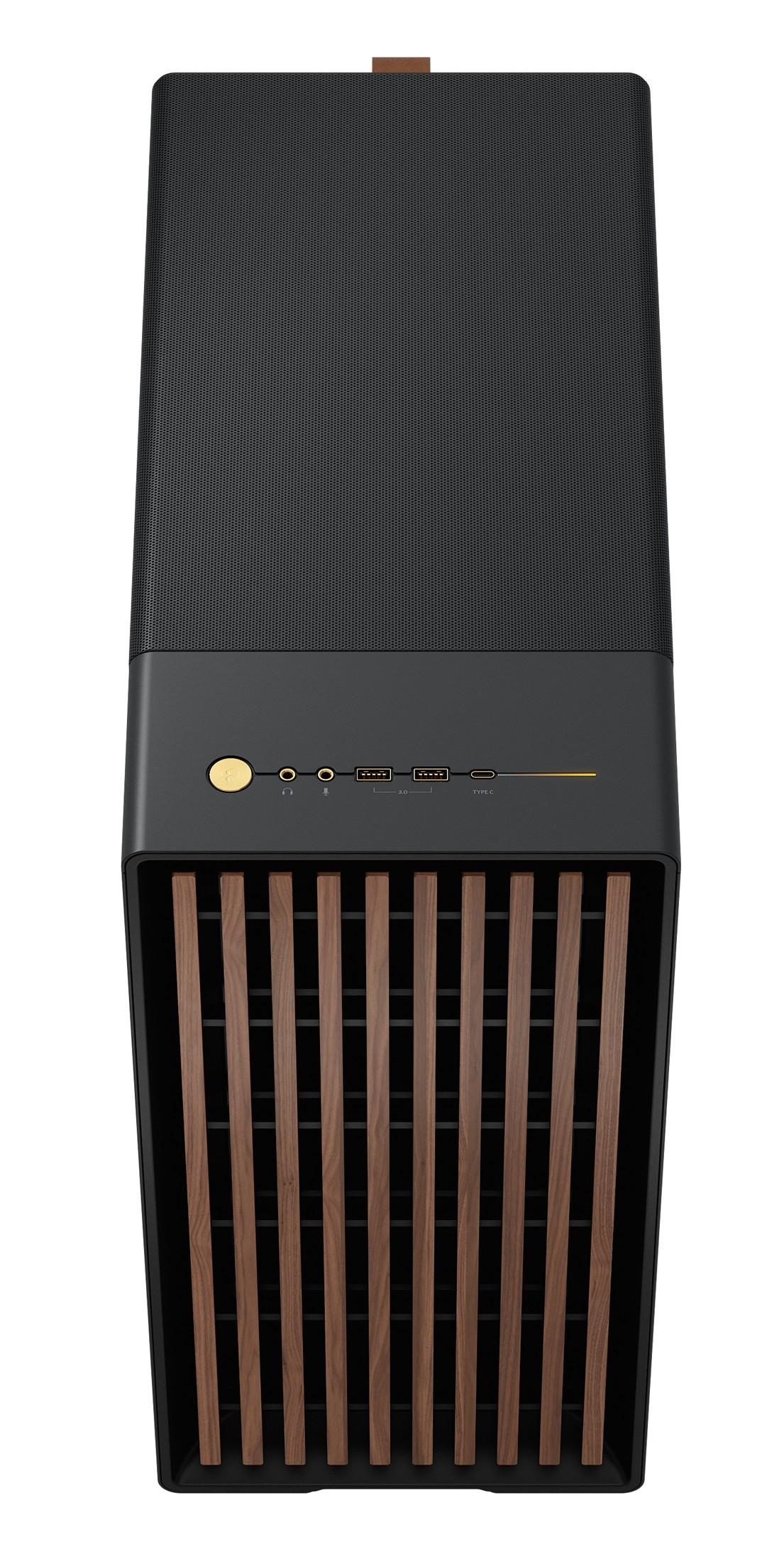 Case per computer nero con doghe di legno. Include porte e un pulsante di accensione dorato. La parte superiore ha una trama a rete.