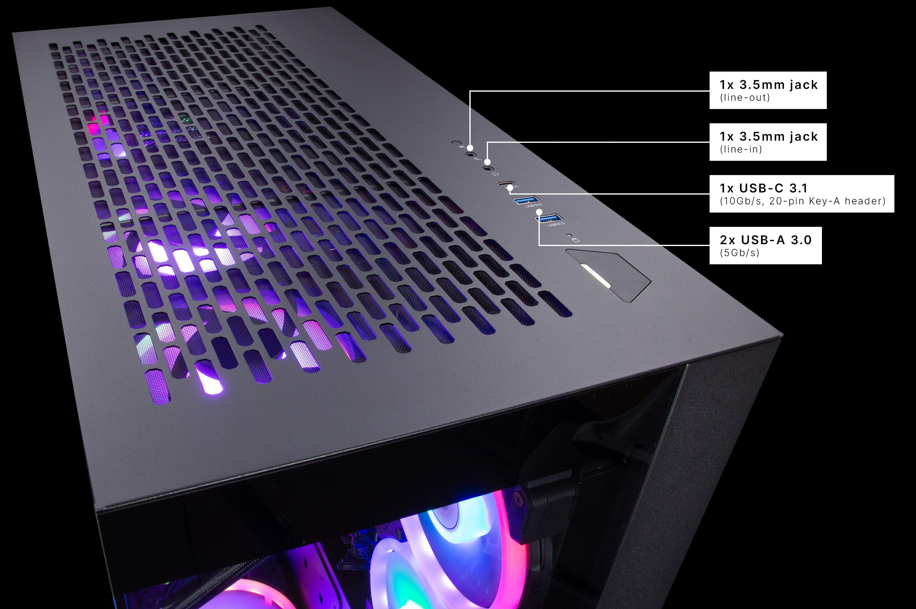 Un case per computer nero con fori di ventilazione e porte come USB e jack audio. L'interno ha l'illuminazione RGB.