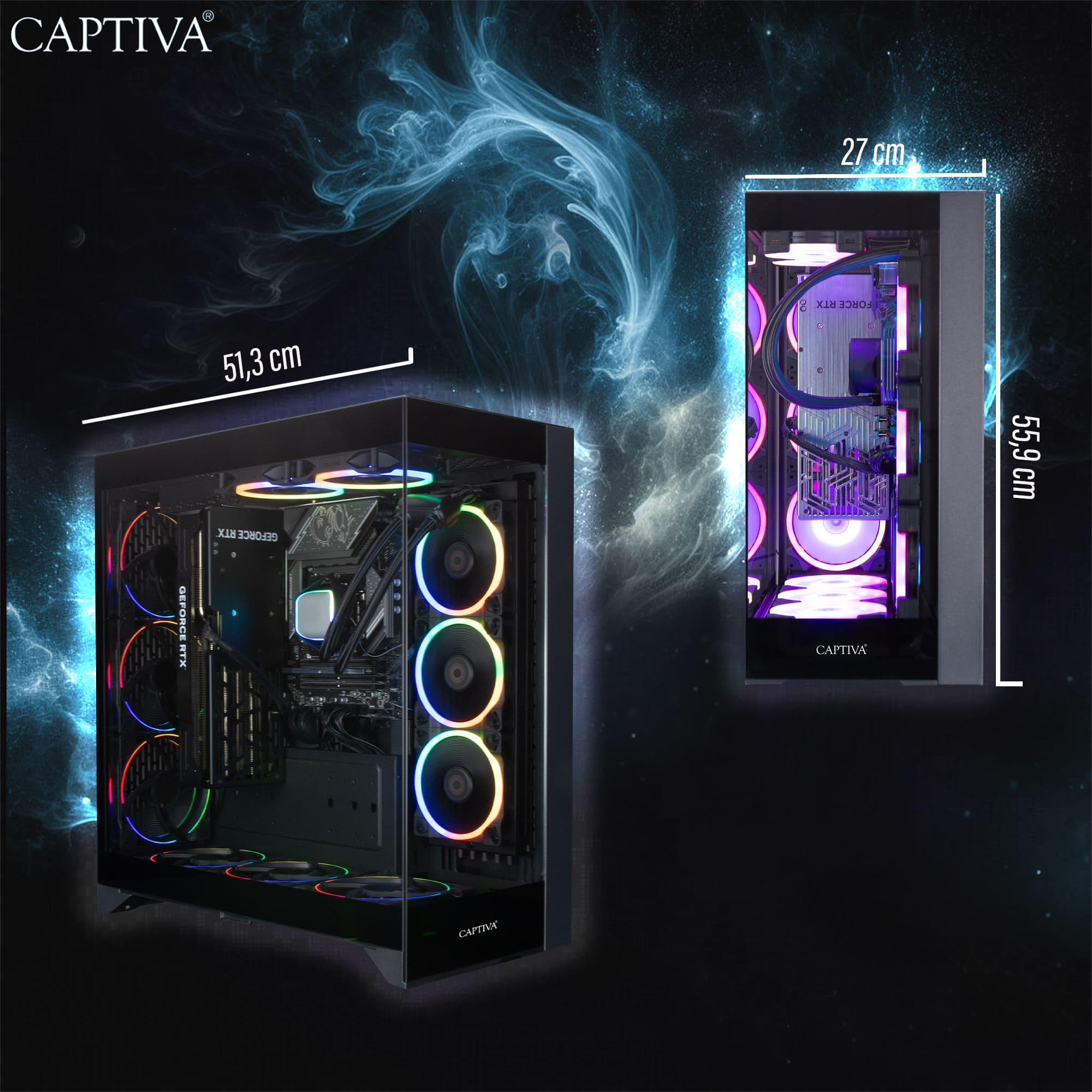 Case per PC con luci colorate. Dimensioni: 51,3 cm x 55,9 cm. Il case ha un pannello laterale in vetro, che mostra i componenti.