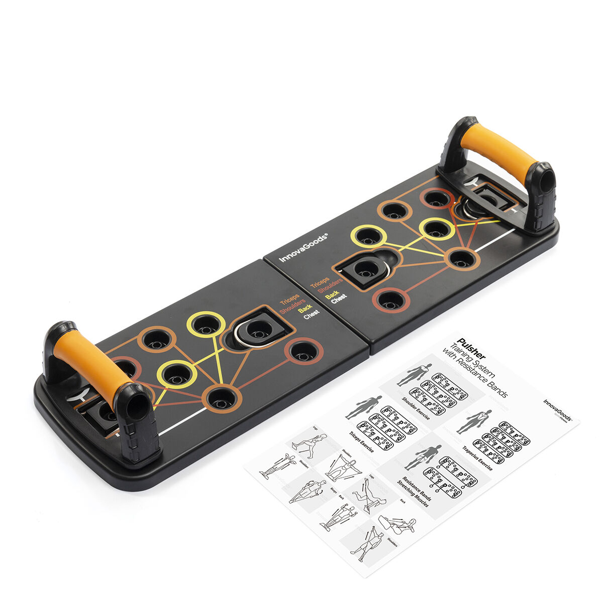 Schwarzes InnovaGoods-Liegestützbrett mit orangefarbenen Griffen und Übungsdiagrammen. Es liegt auf einer weißen Oberfläche.