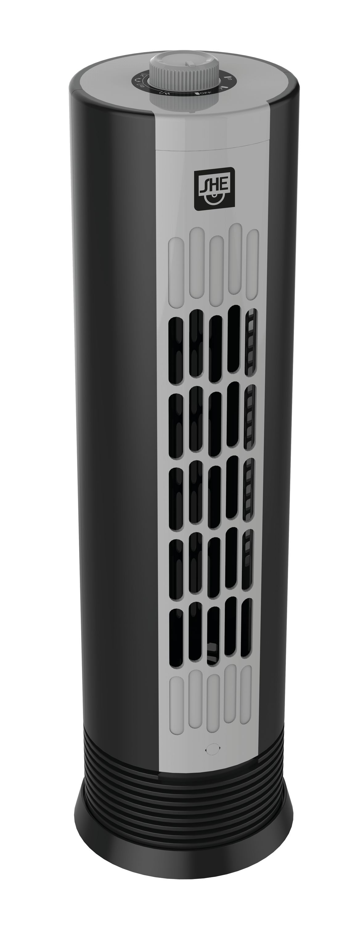 Ein schwarz-silberner Turmventilator. Er hat ein Bedienfeld oben. Die Vorderseite hat eine silberne Platte mit Lüftungsschlitzen. Der Sockel ist schwarz.