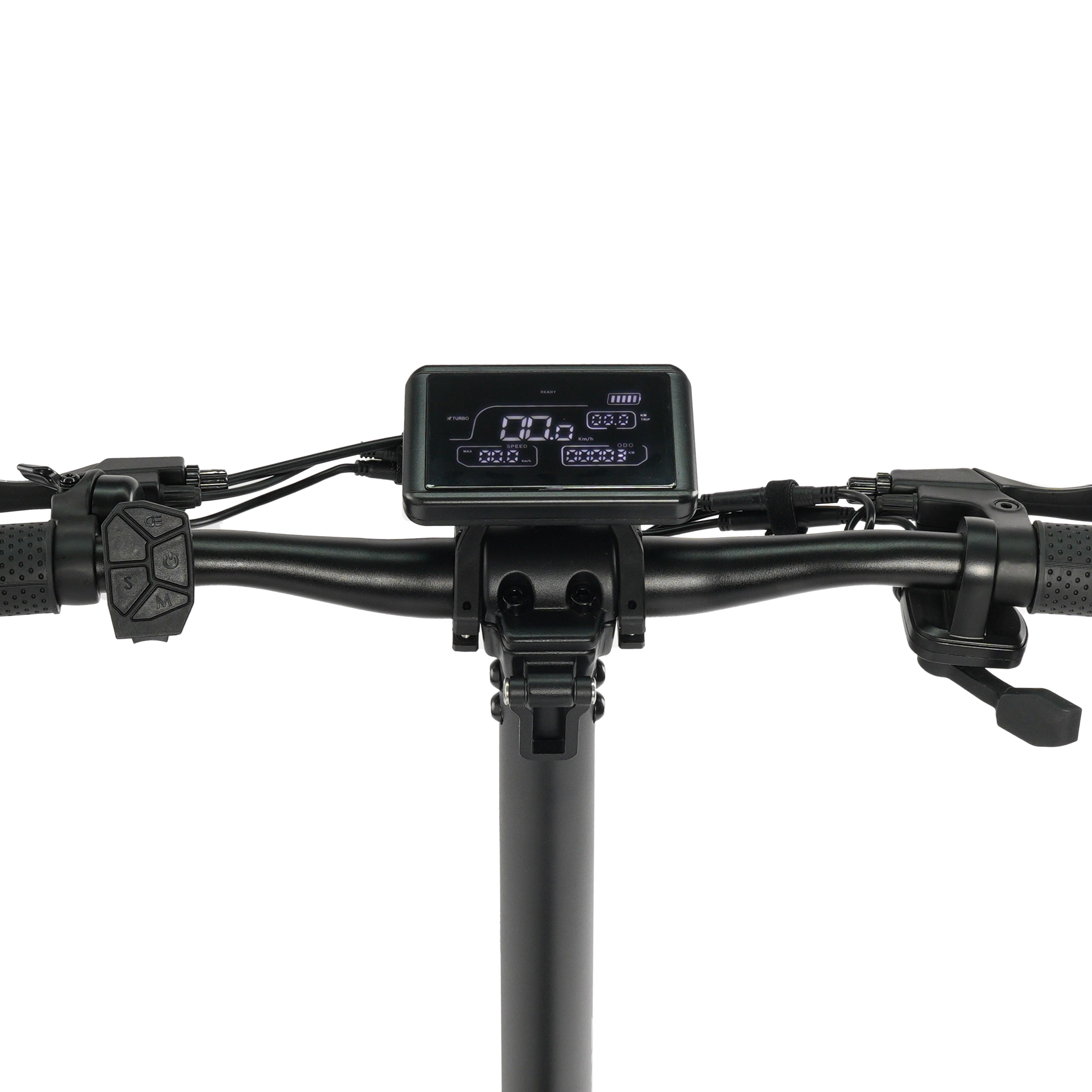 Nahaufnahme des Lenkers eines E-Scooters. Der Bildschirm zeigt 00,0 km/h Geschwindigkeit. Schwarze Bedienelemente und Hebel.