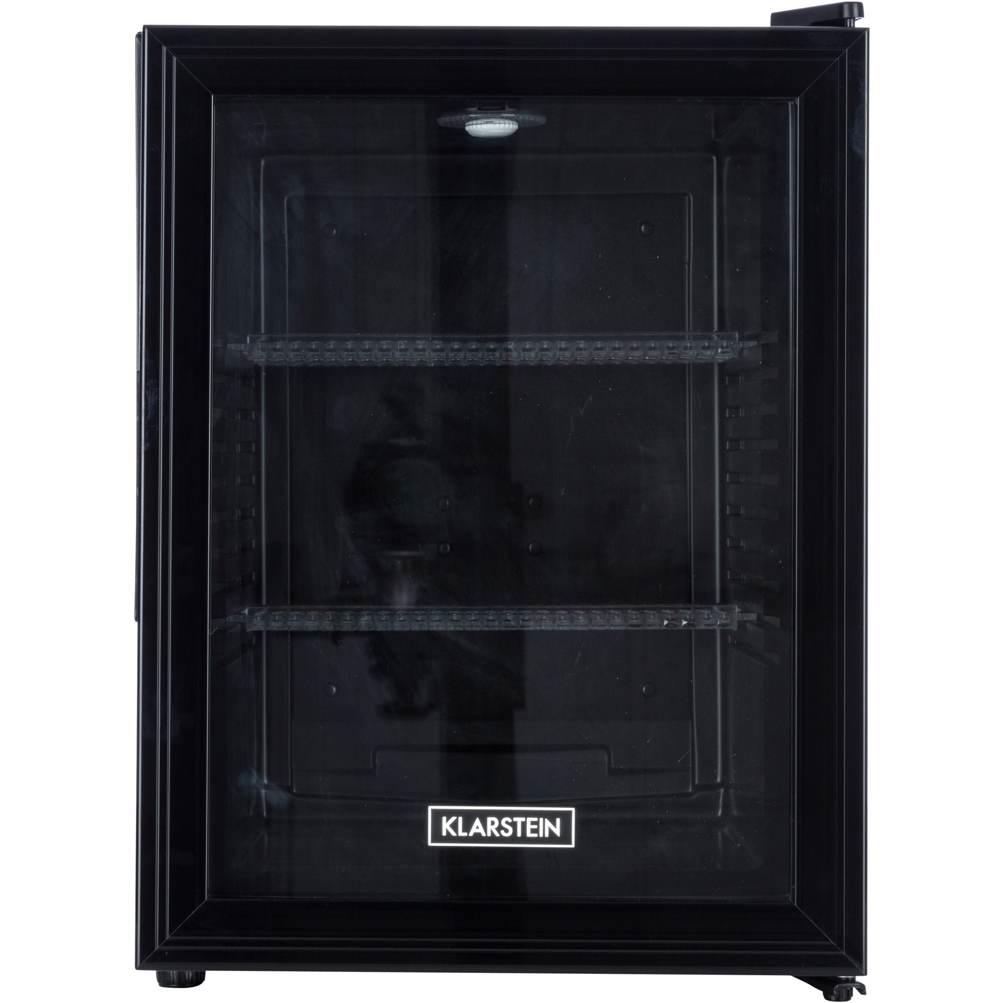 Un mini-frigo nero con porta in vetro, due ripiani e il logo Klarstein. Una piccola luce sopra.