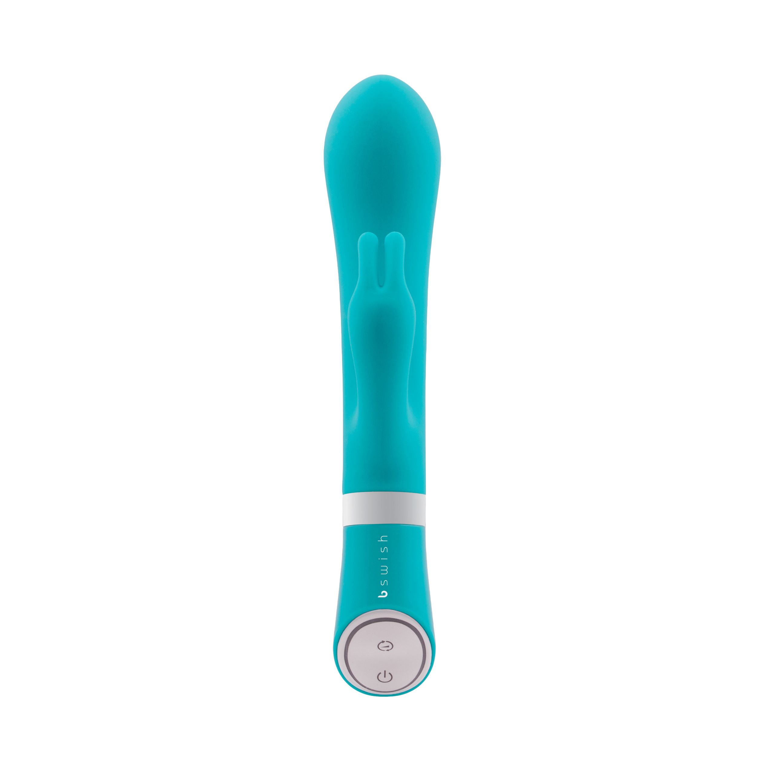 Un juguete sexual de color turquesa sobre fondo blanco. Tiene una punta redondeada, una protuberancia con forma de orejas de conejo y botones de control.